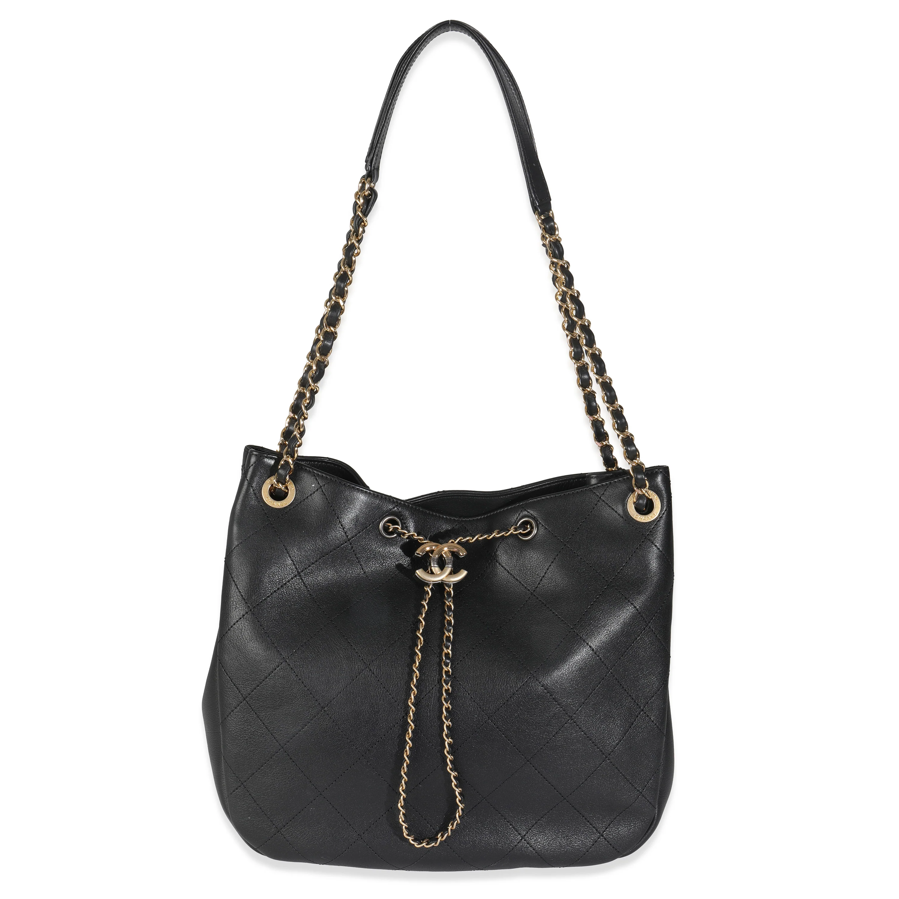 19B Black Quilted Lambskin CC Drawstring Hobo