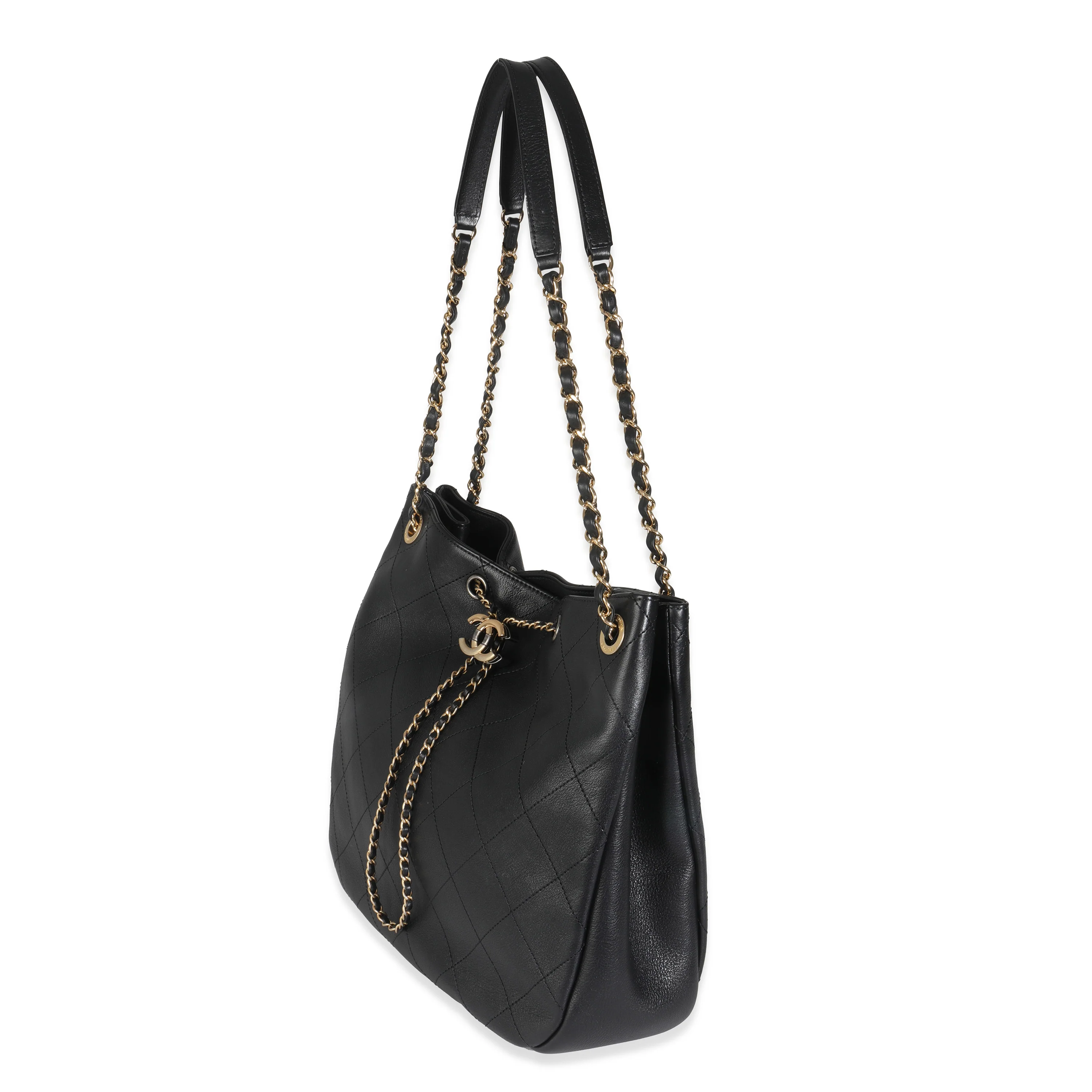 19B Black Quilted Lambskin CC Drawstring Hobo - Image 2