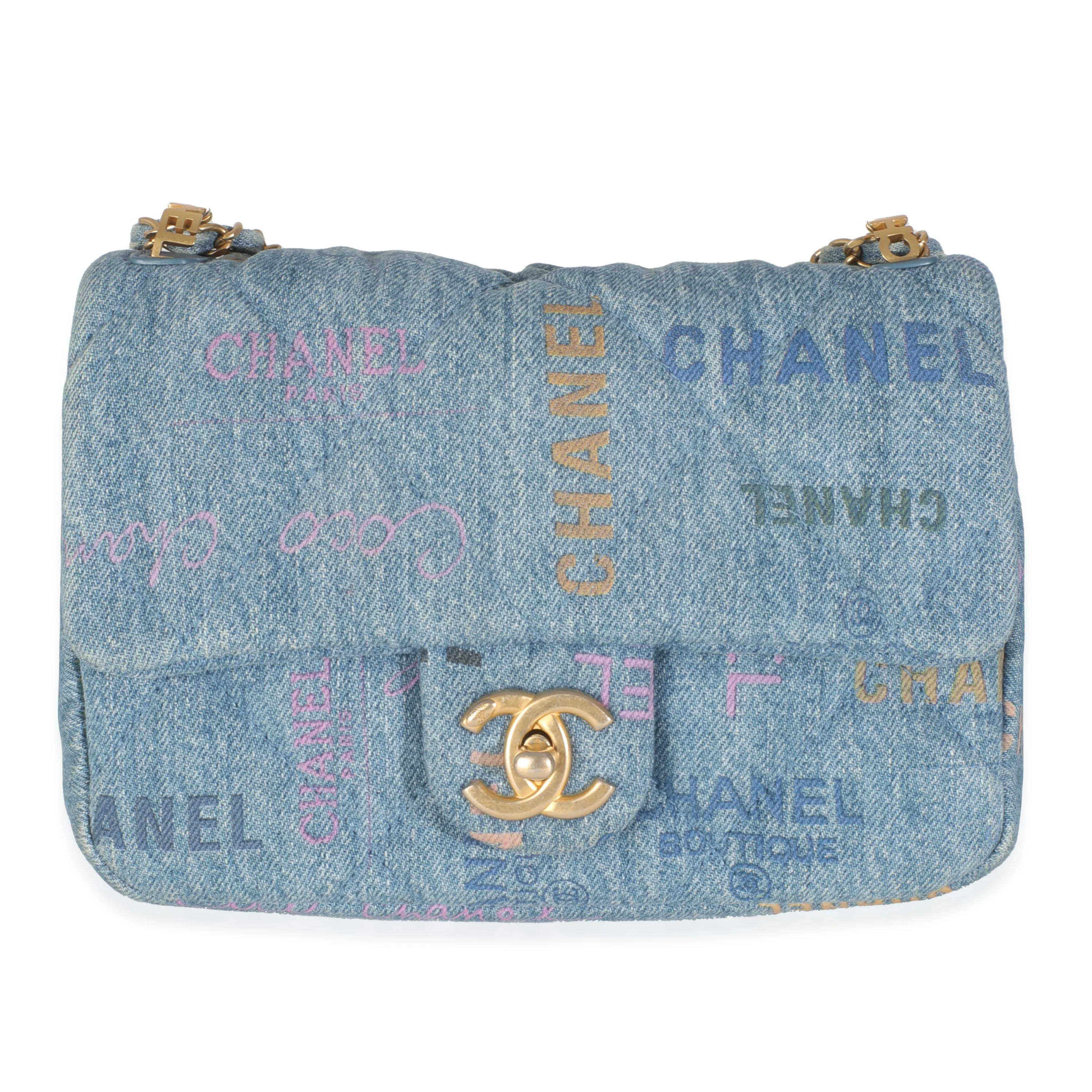 Blue Quilted Denim Printed Small Mood Flap Bag