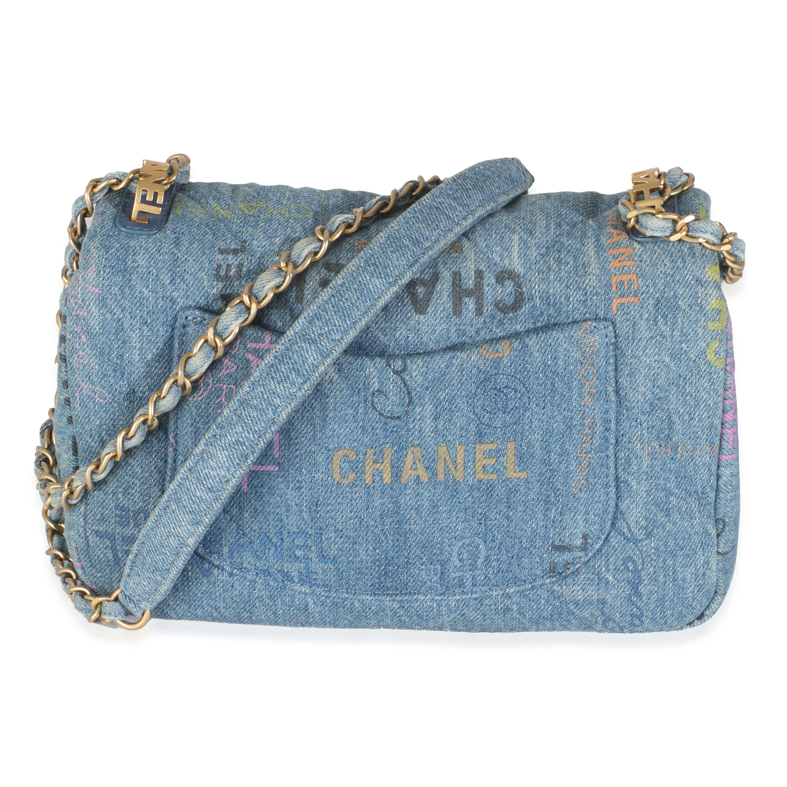 Blue Quilted Denim Printed Small Mood Flap Bag - Image 4