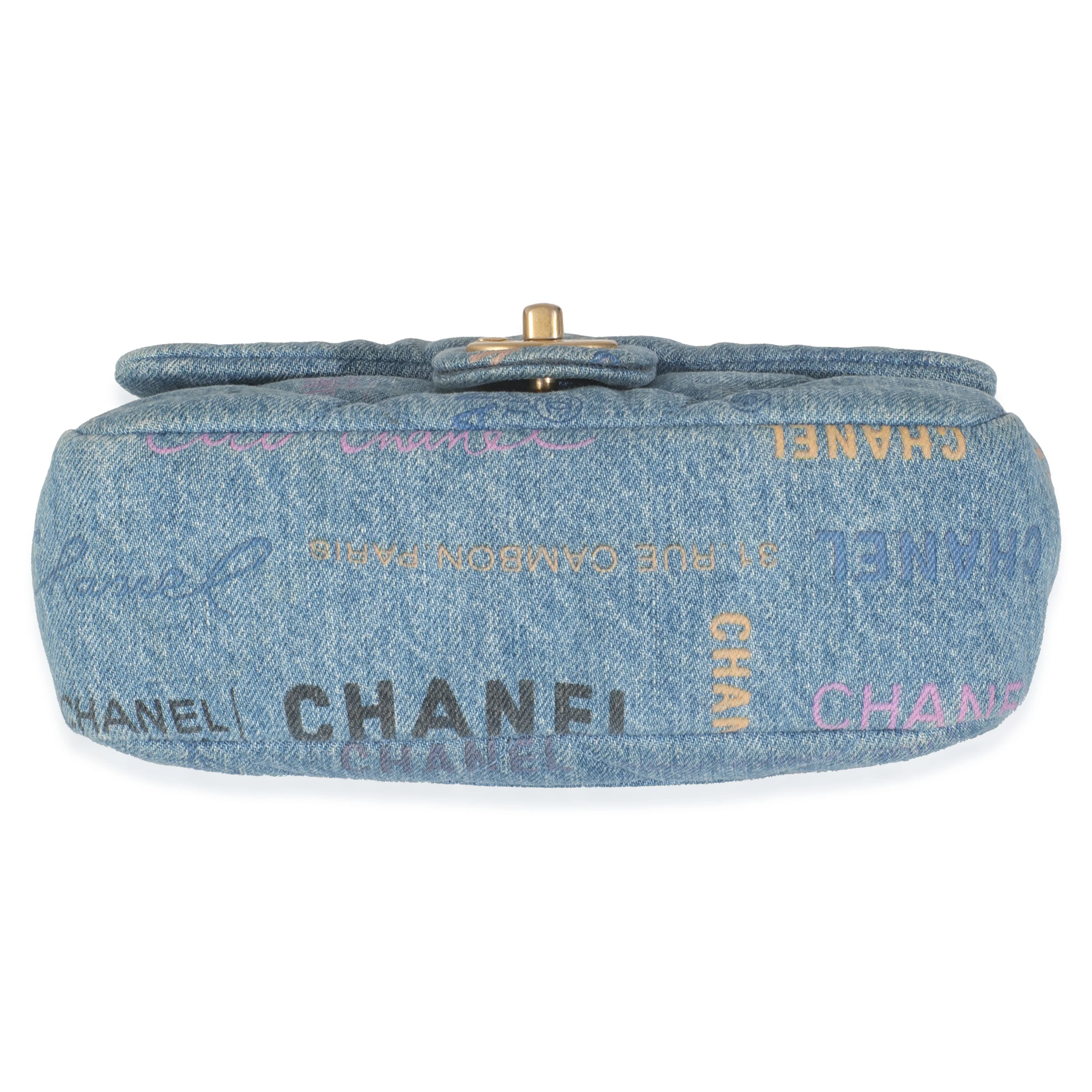 Blue Quilted Denim Printed Small Mood Flap Bag - Image 5