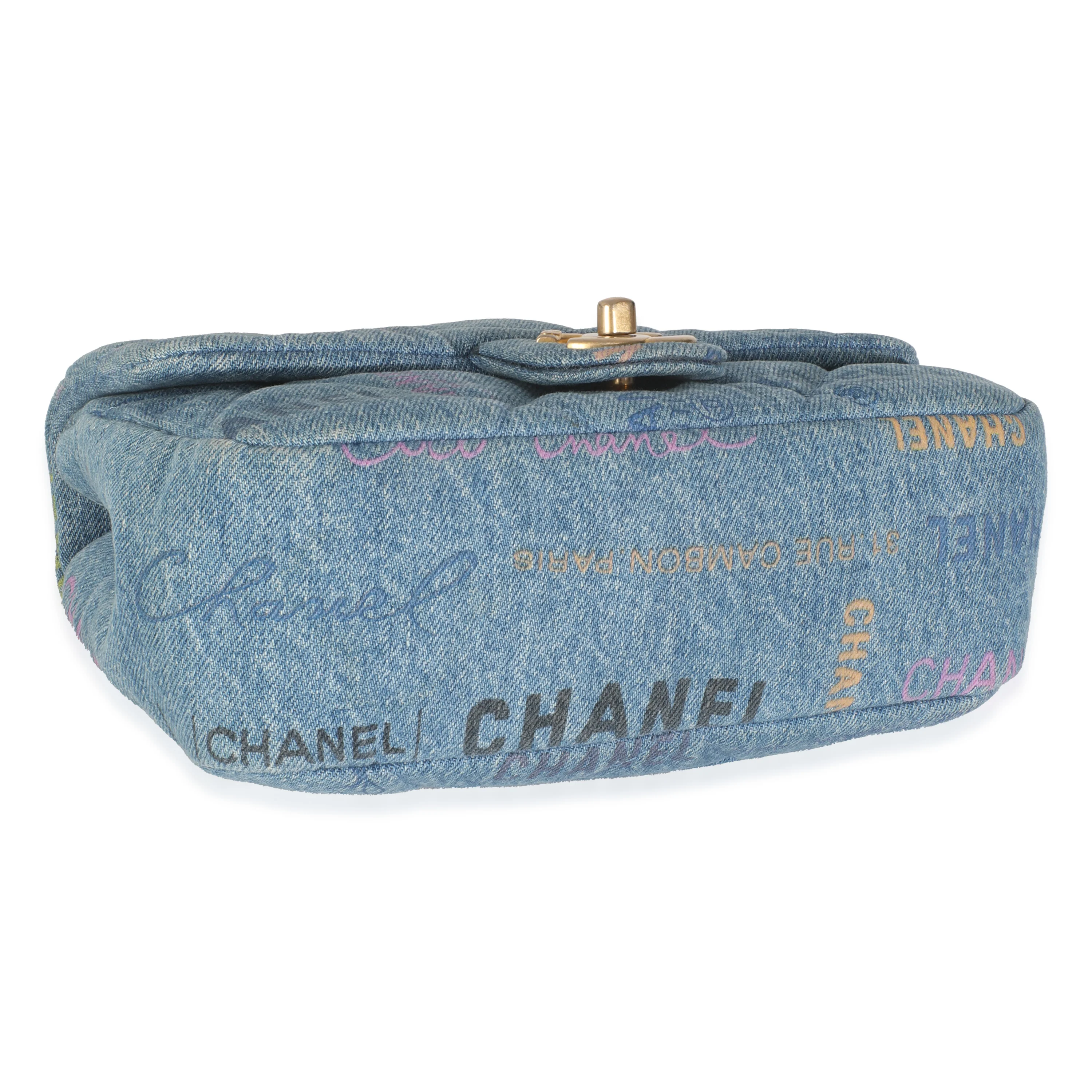 Blue Quilted Denim Printed Small Mood Flap Bag - Image 7