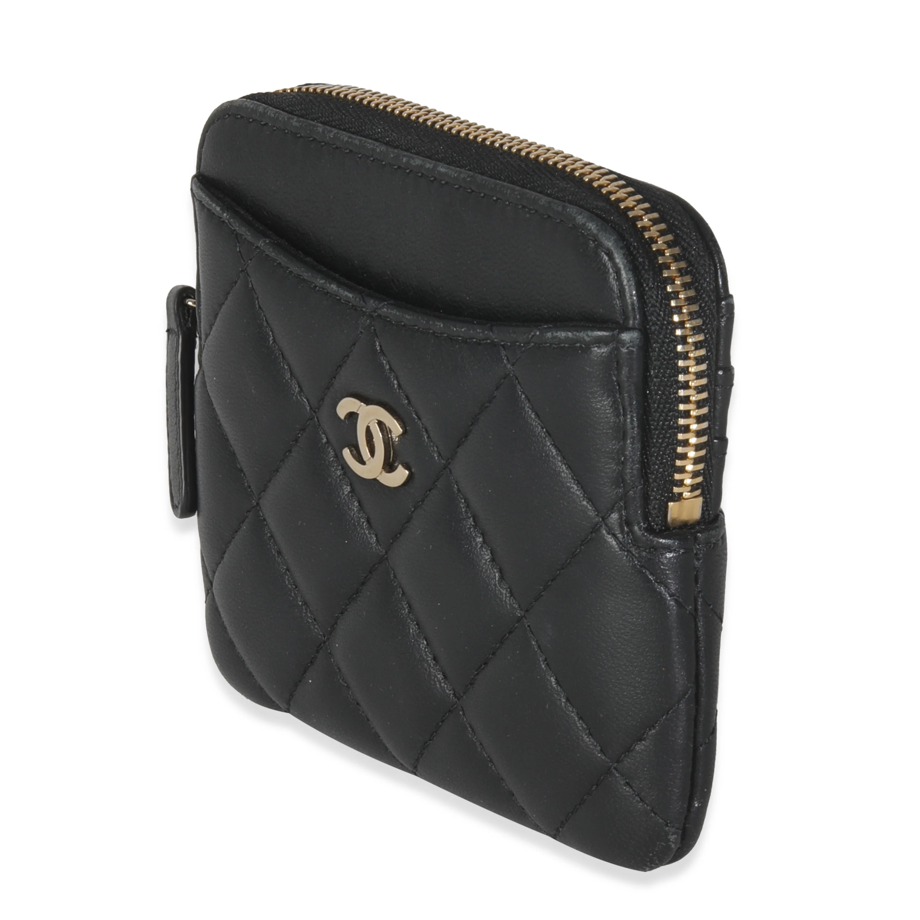 Black Quilted Lambskin Square Zip Card Holder Wallet - Image 2