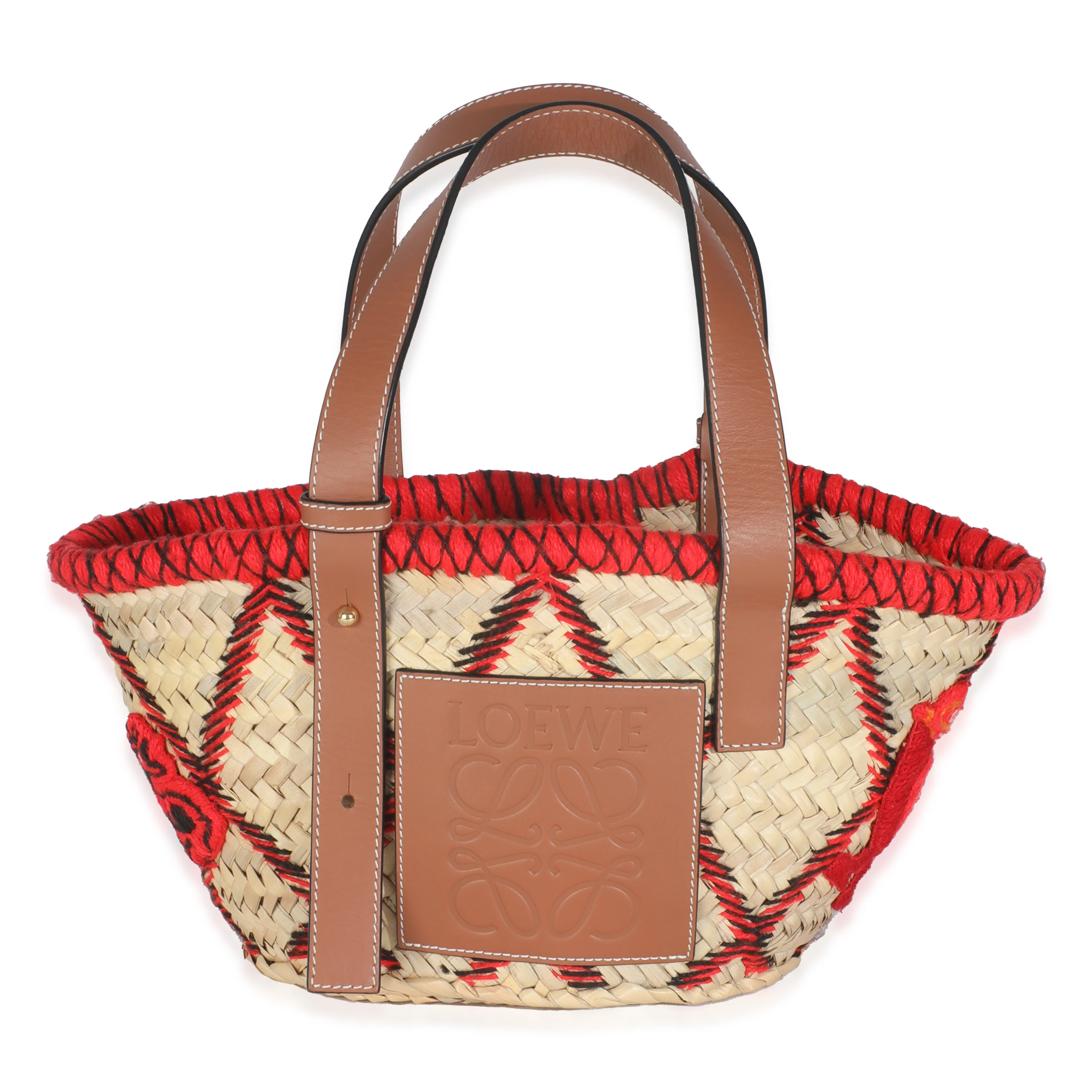Beige Raffia Red Embroidered Small Anagram Basket