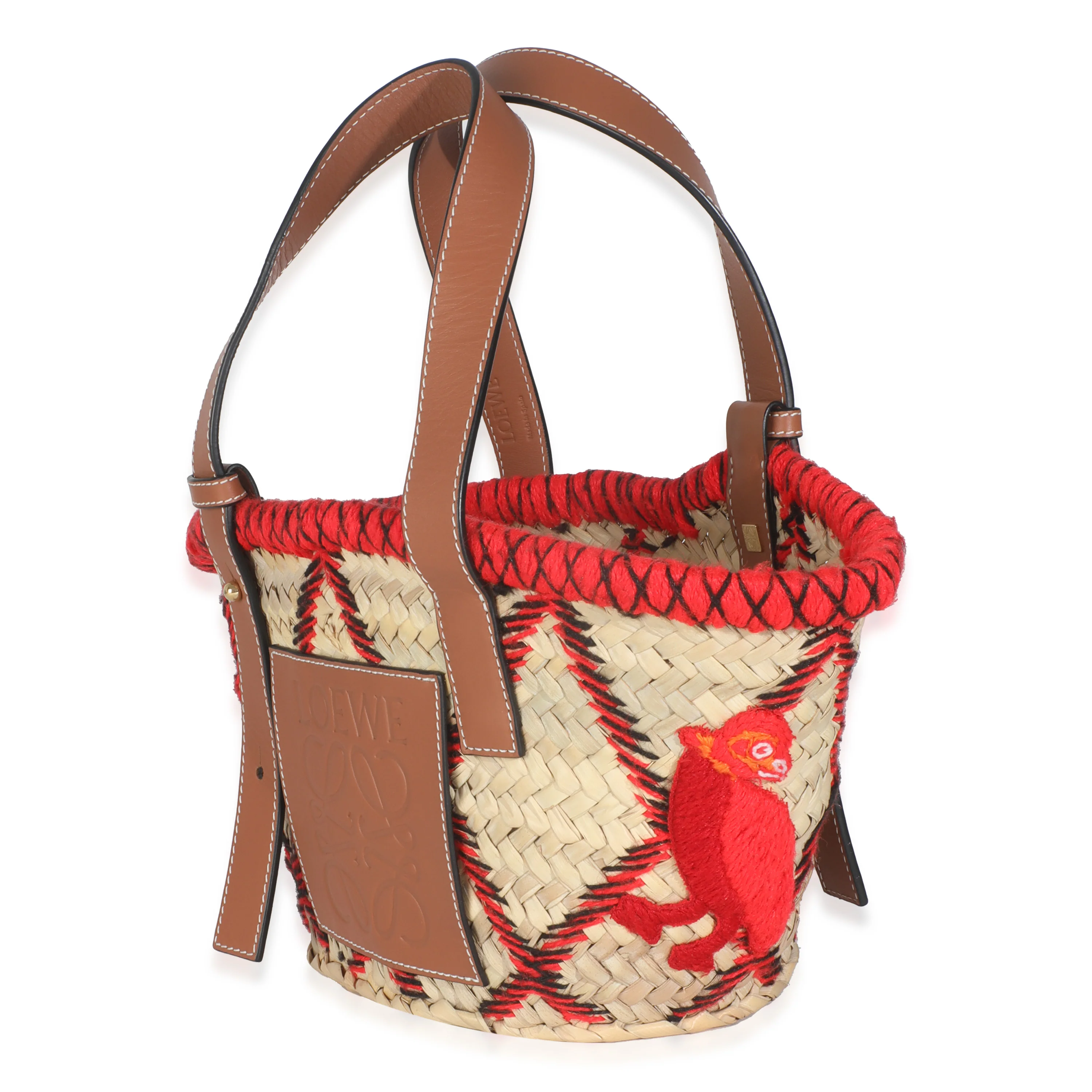 Beige Raffia Red Embroidered Small Anagram Basket - Image 2