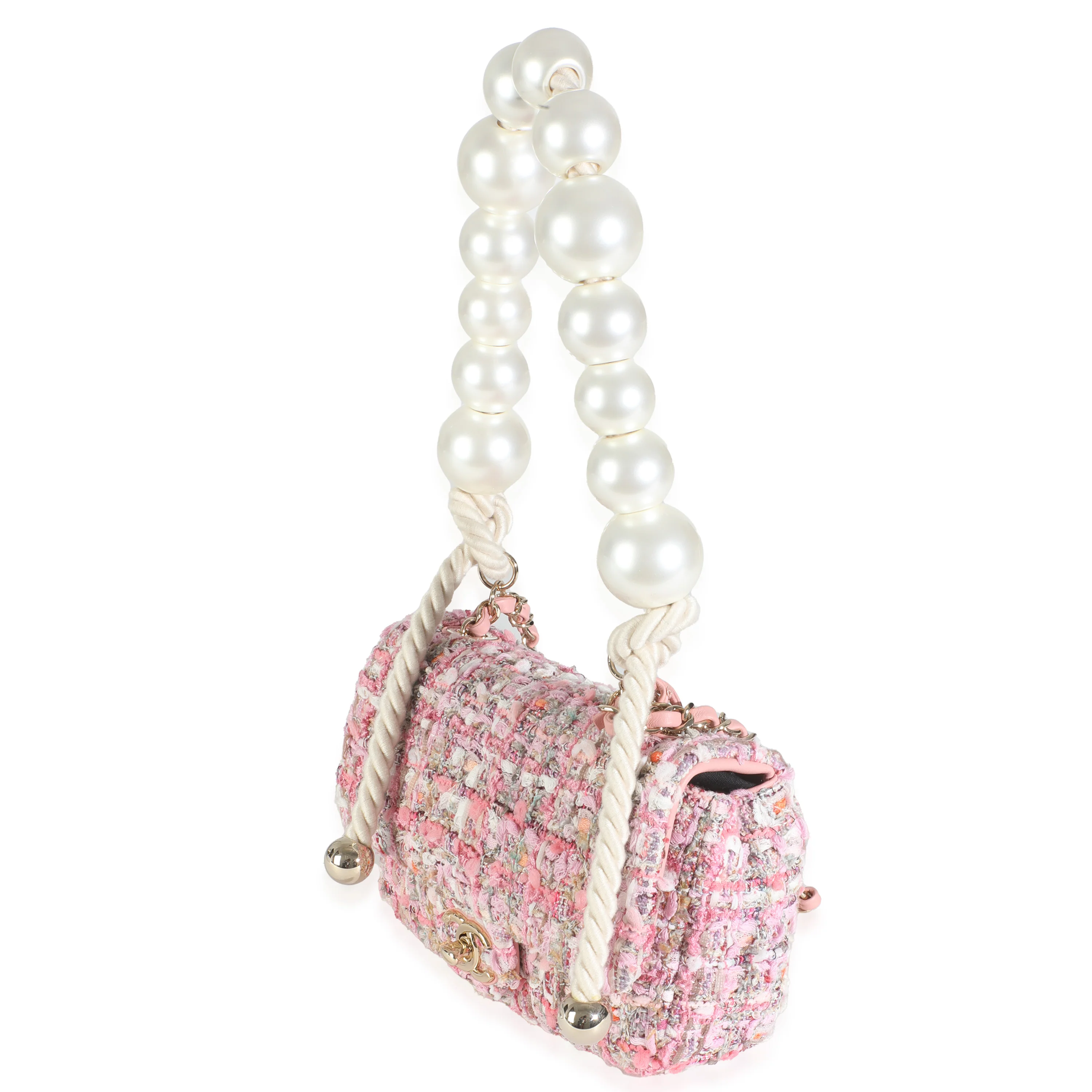 Pink Multicolor Tweed Mini Pearl Handle Flap Bag - Image 2