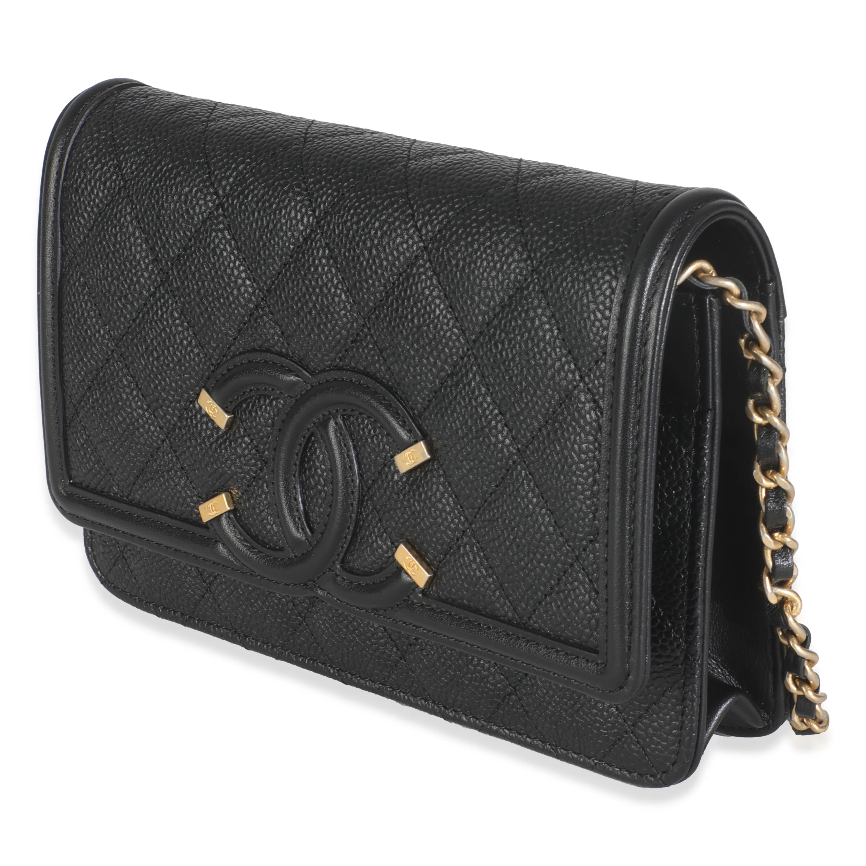 Black Quilted Caviar Filigree Wallet On Chain - Image 2