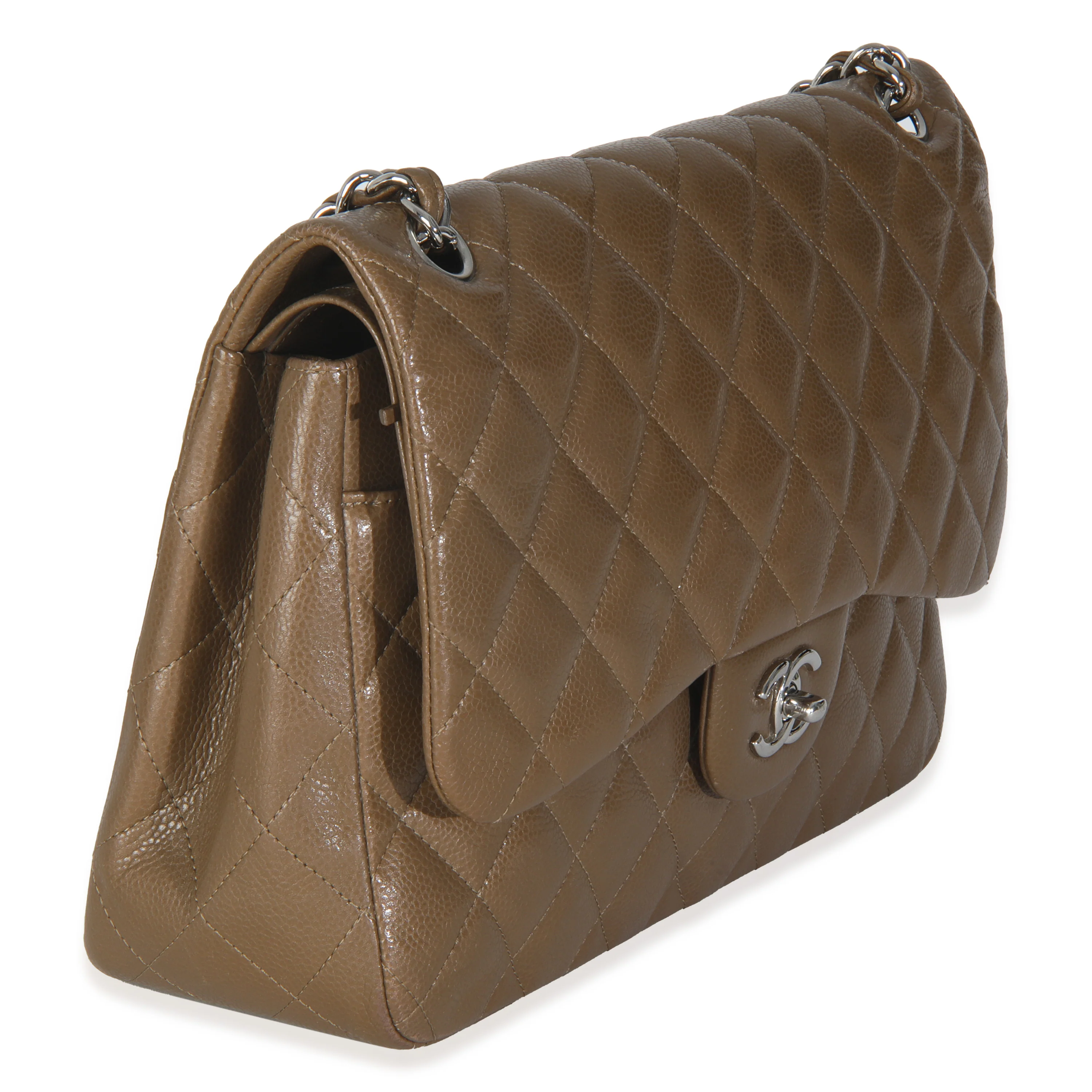 Khaki Quilted Caviar Jumbo Double Flap Handbag - Image 3