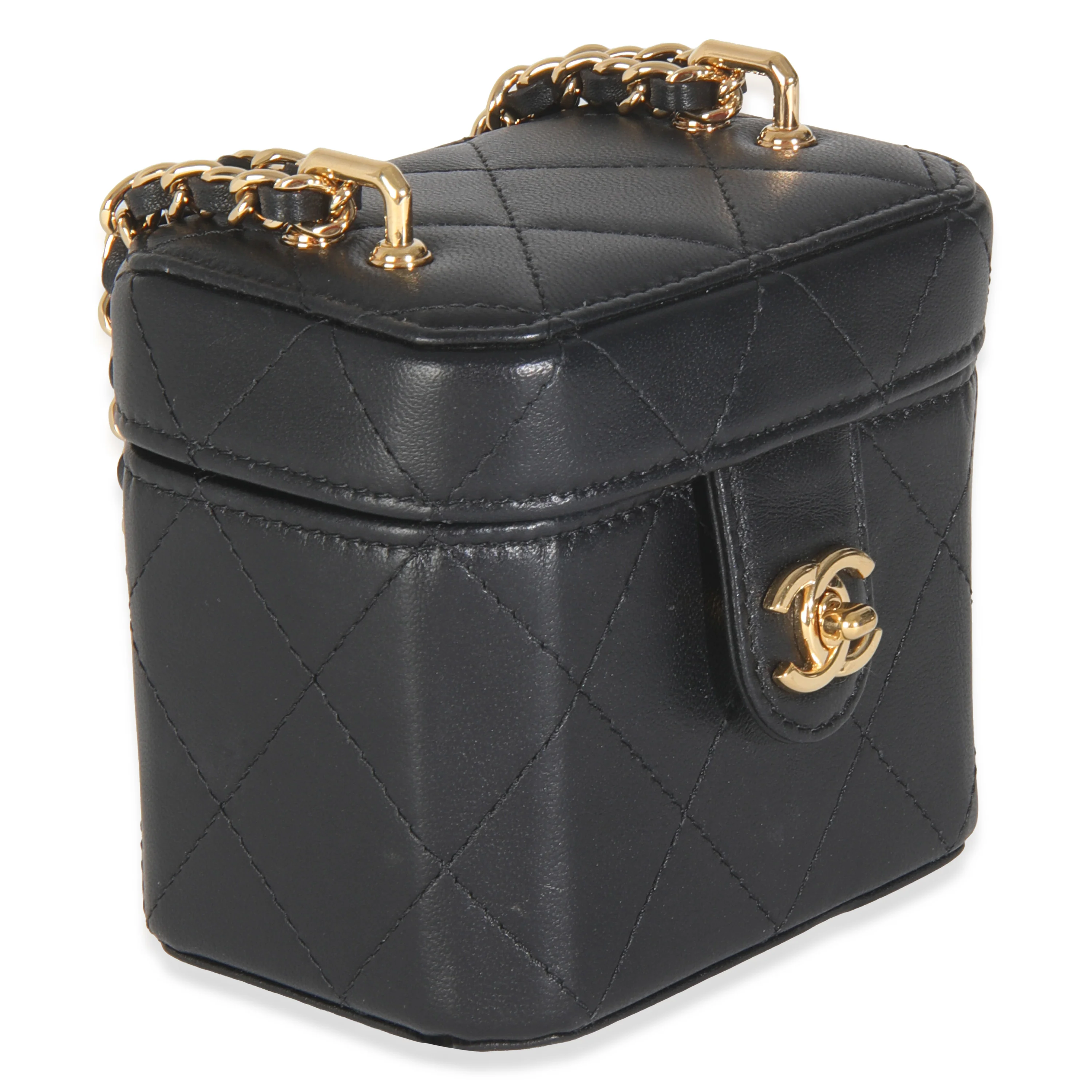 Black Quilted Lambskin Vanity Clutch With Chain - Image 3