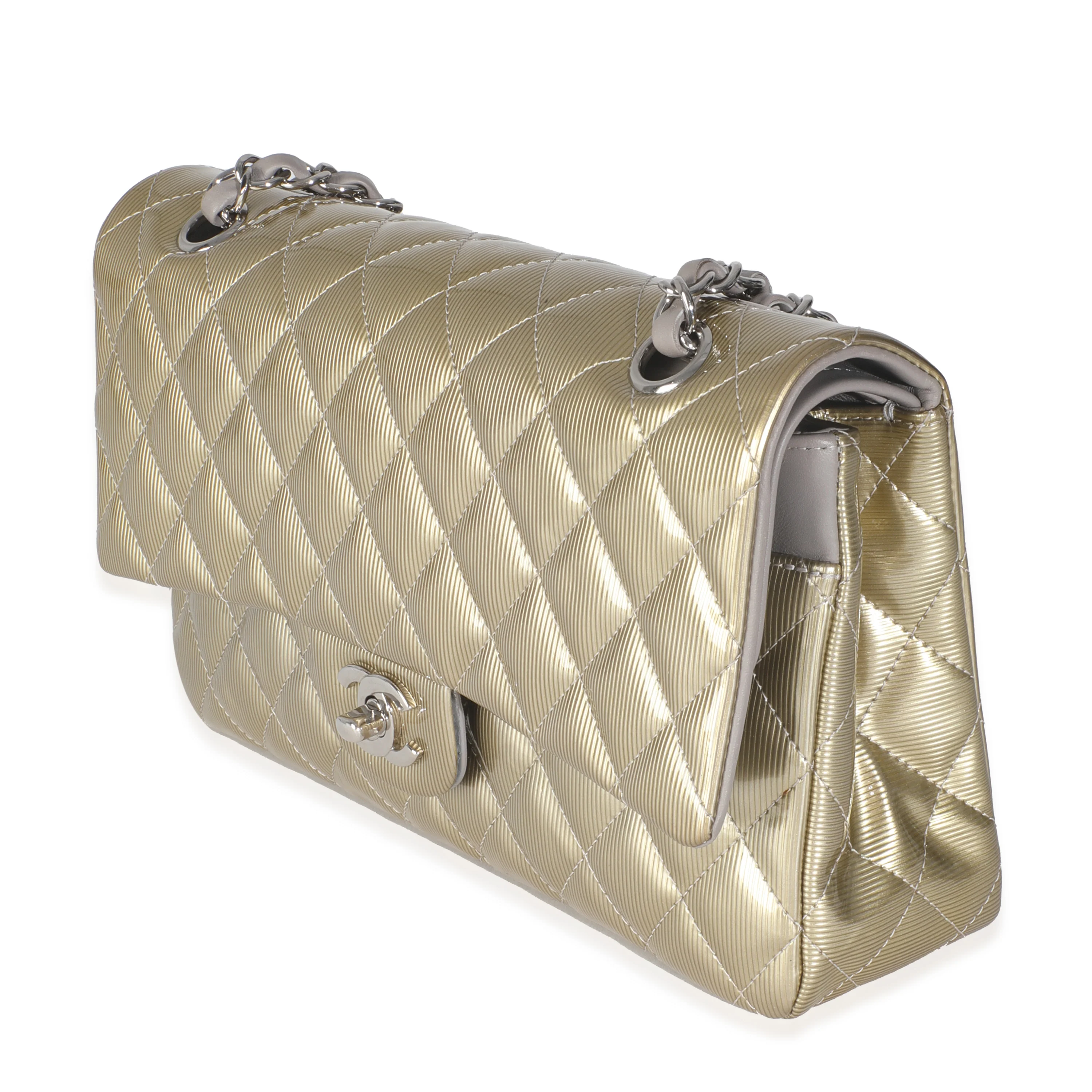 Gold Striated Quilted Patent Medium Classic Double Flap Bag - Image 2