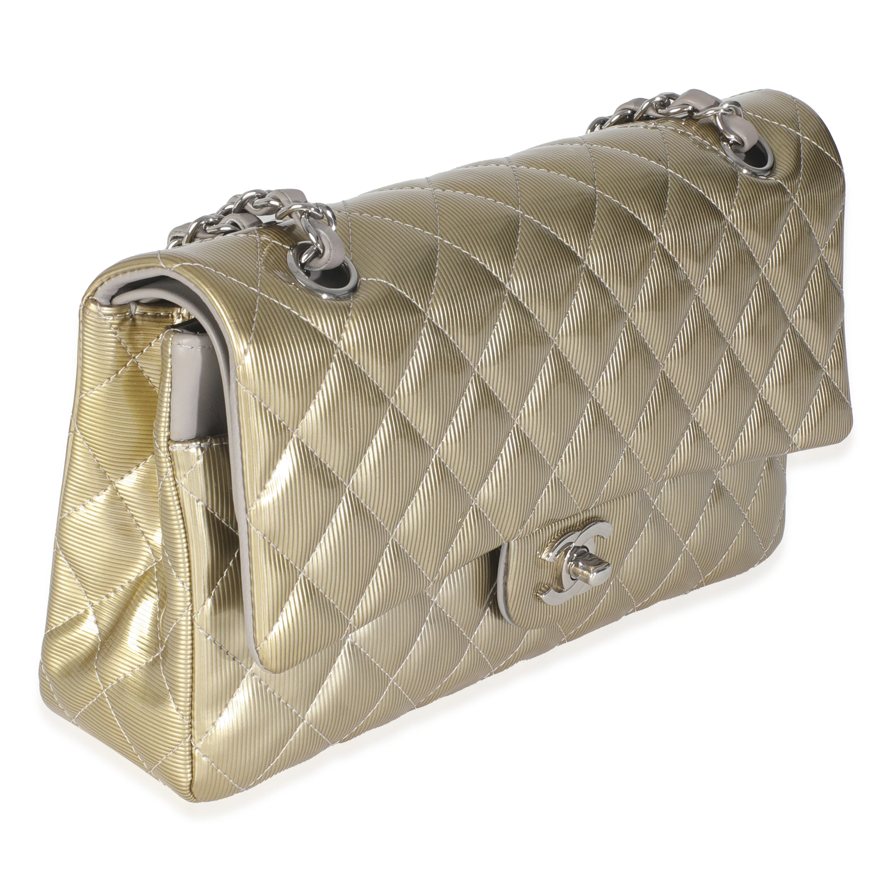 Gold Striated Quilted Patent Medium Classic Double Flap Bag - Image 3