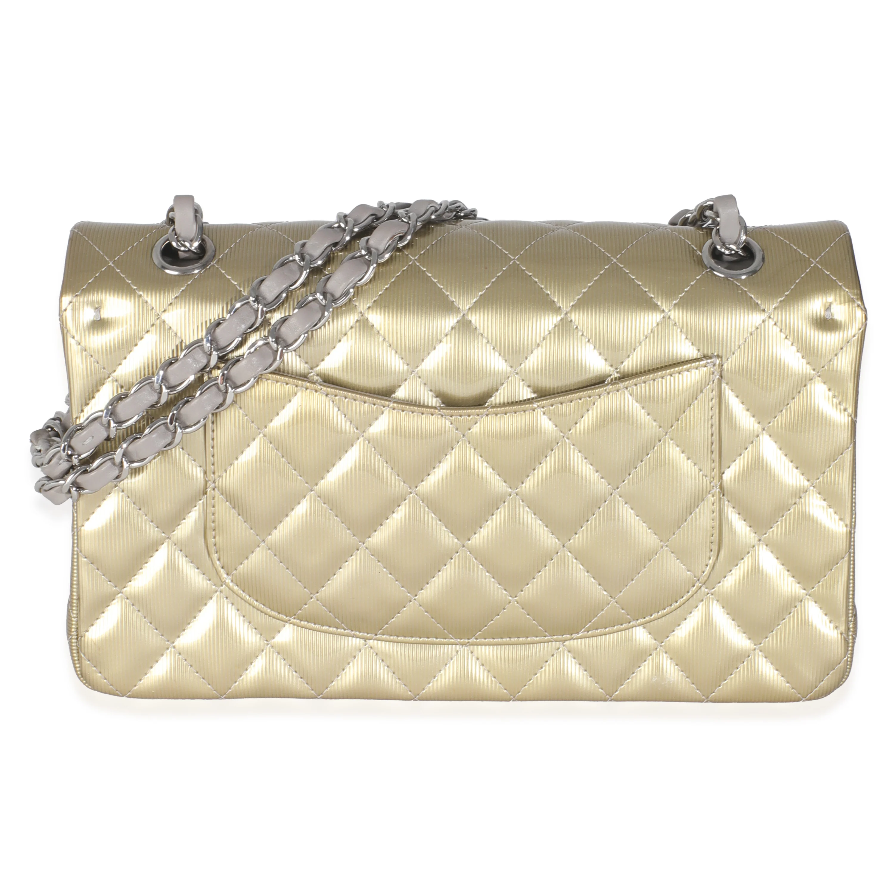 Gold Striated Quilted Patent Medium Classic Double Flap Bag - Image 4