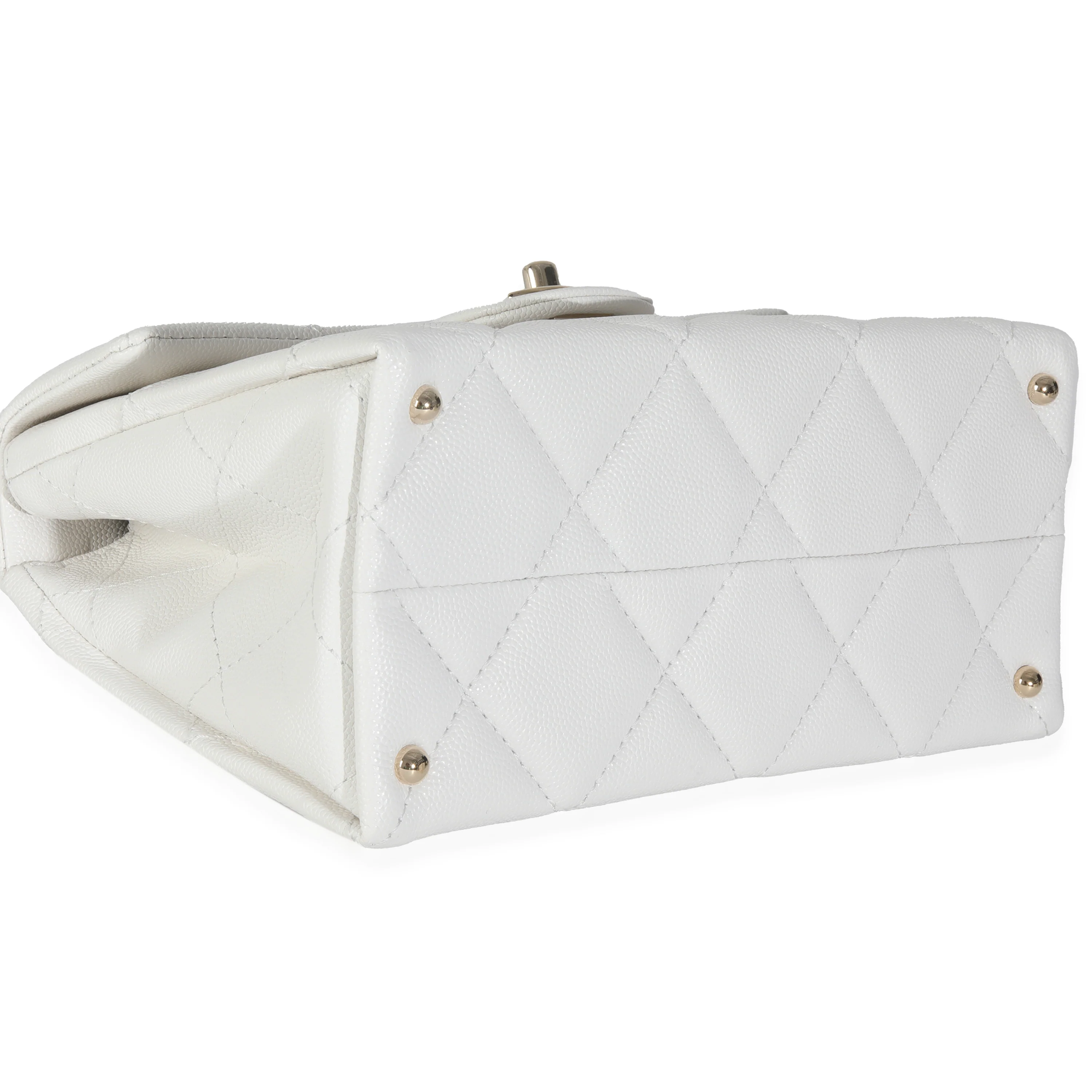 White Quilted Caviar Retro Twist Mini Flap Handbag - Image 6