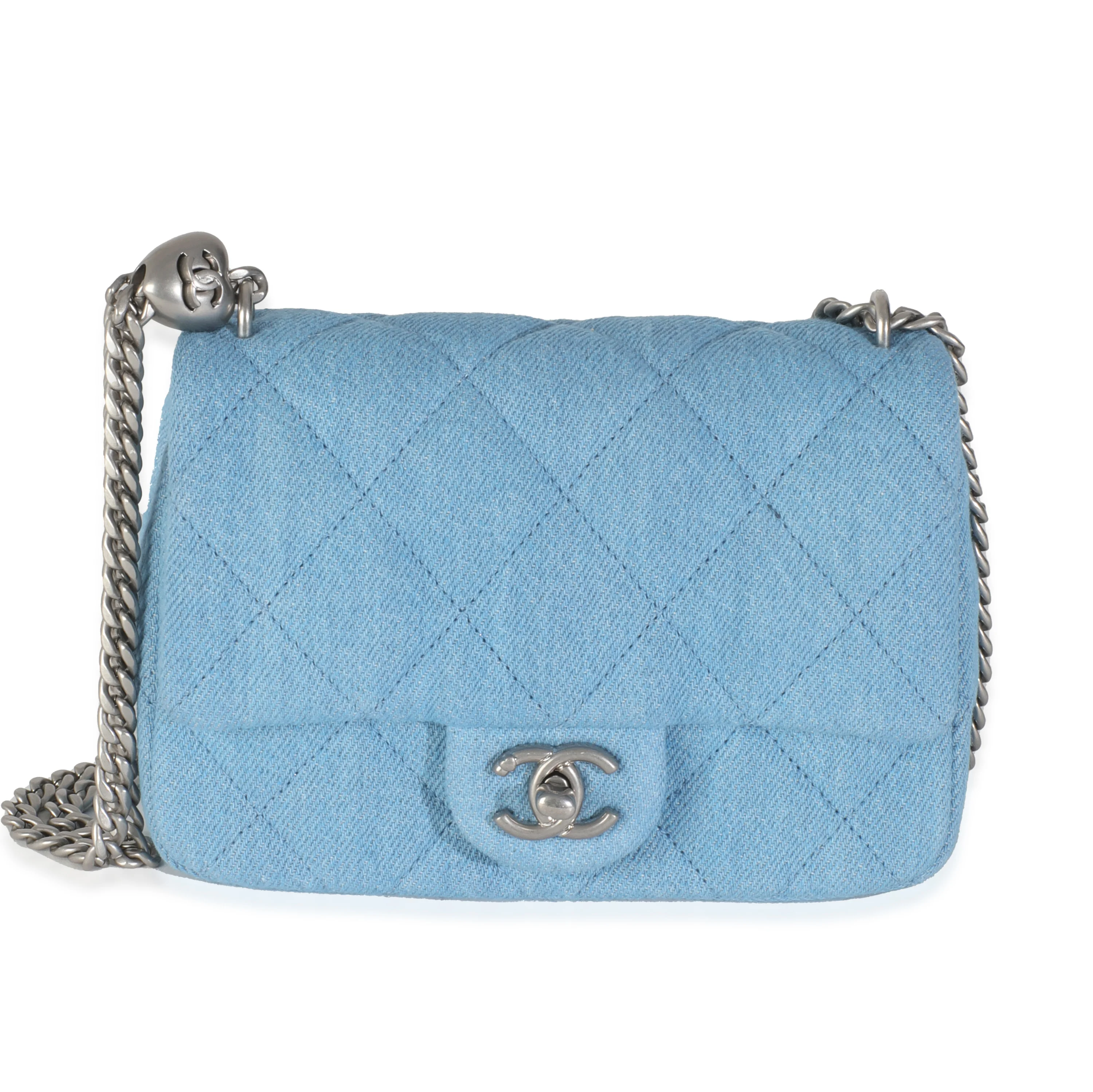 Blue Quilted Denim Sweetheart Mini Flap Bag