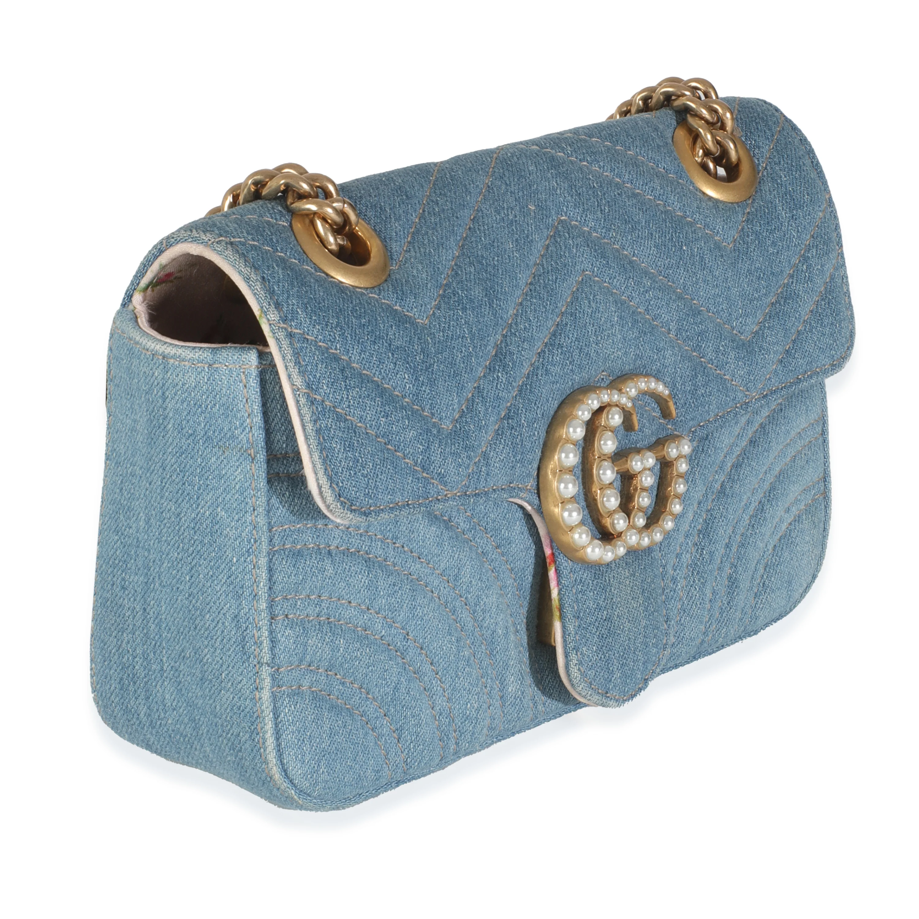 Blue Matelasse Denim GG Marmont Pearly Shoulder Bag - Image 3