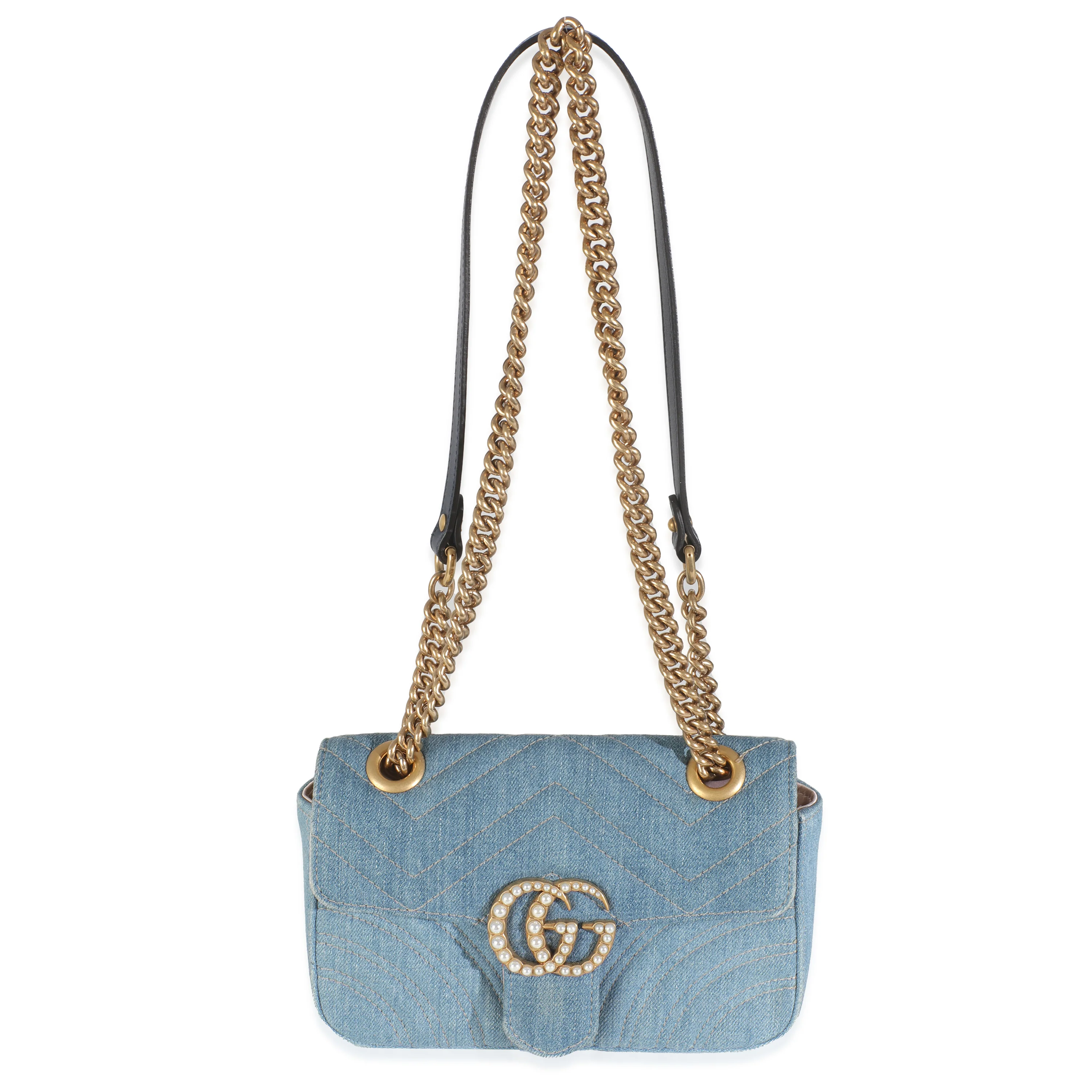 Blue Matelasse Denim GG Marmont Pearly Shoulder Bag - Image 8