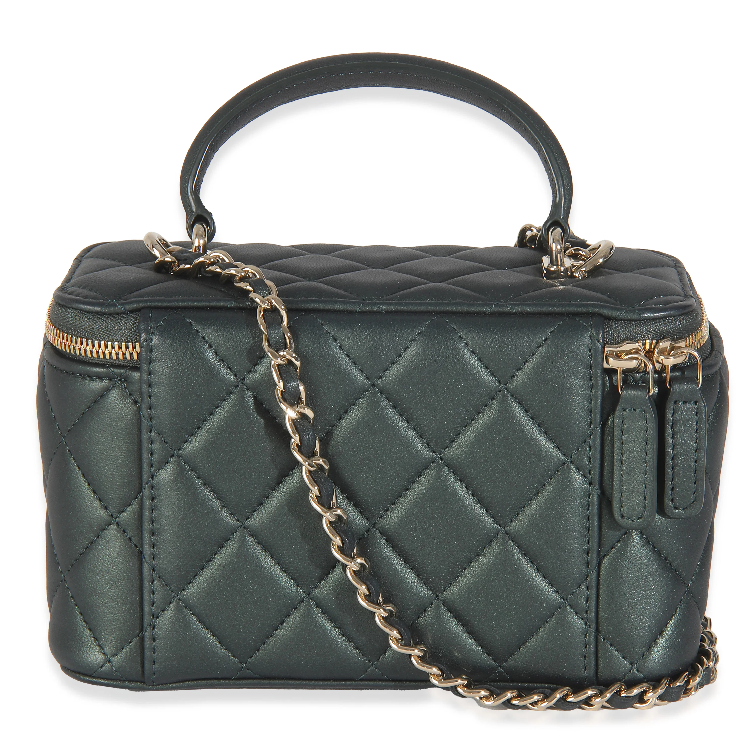 Dark Green Iridescent Quilted Lambskin Top Handle Vanity Case With Chain - Image 4