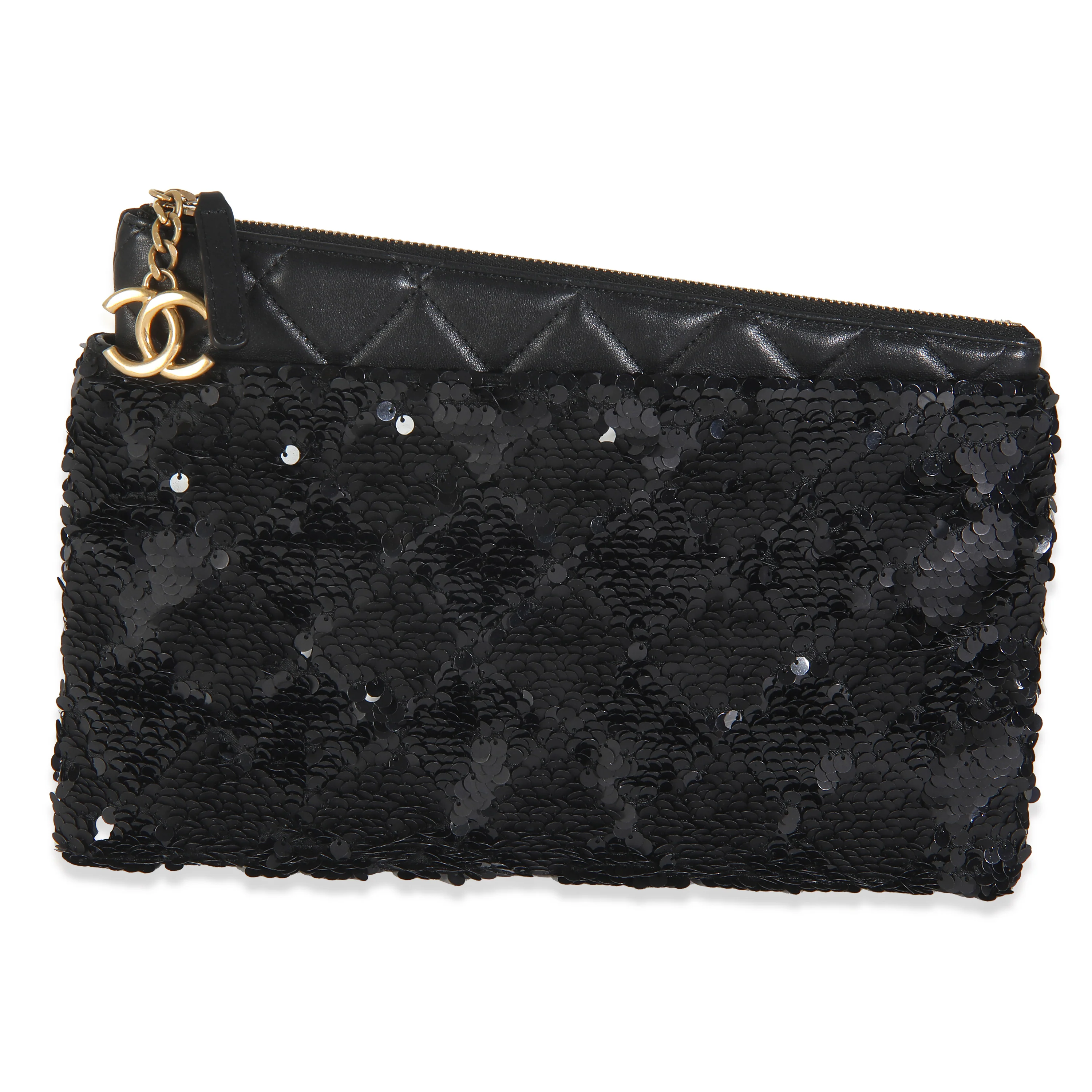 Black Quilted Lambskin Sequin O Case Clutch