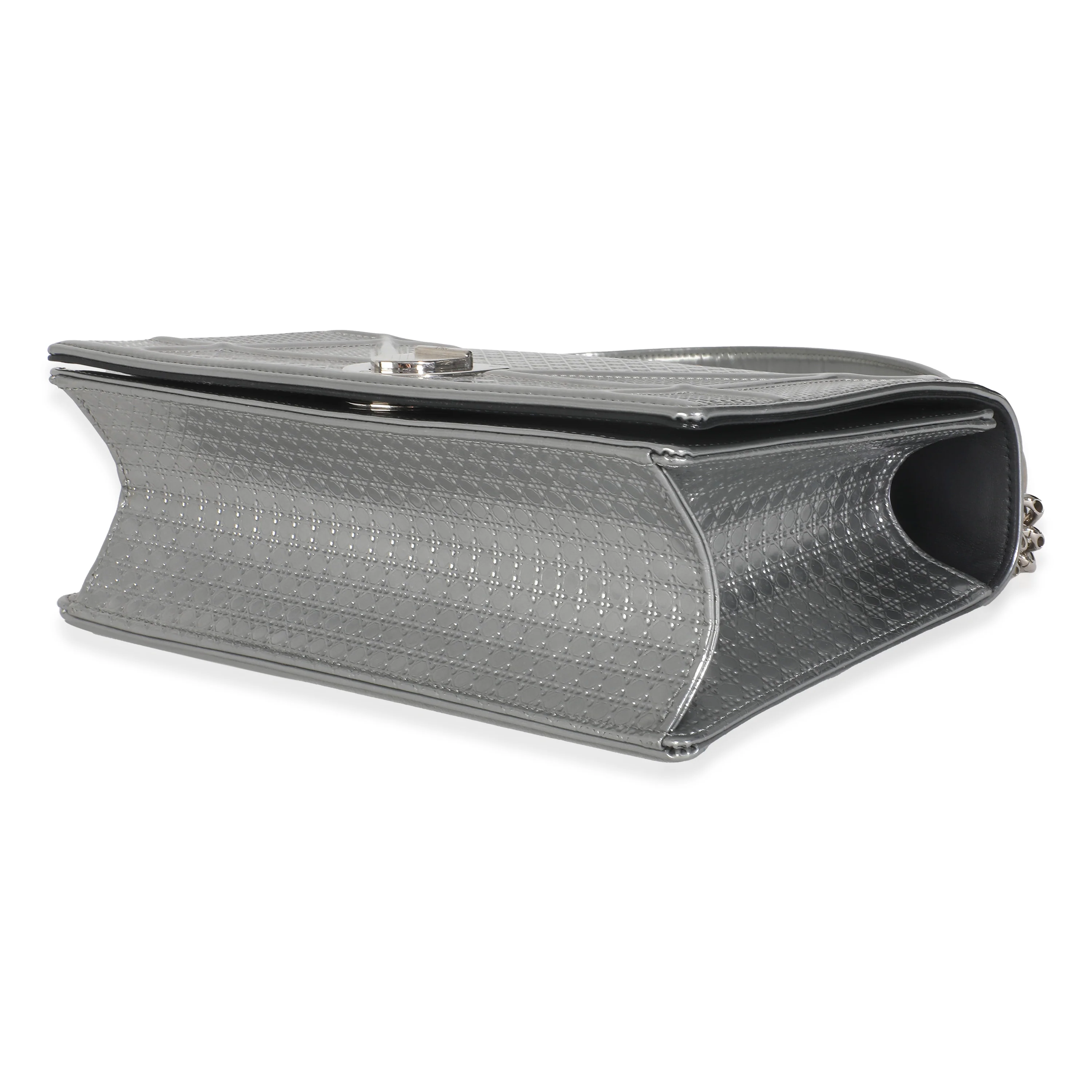 Silver Metallic Micro Cannage Patent Medium Diorama Flap Bag - Image 6
