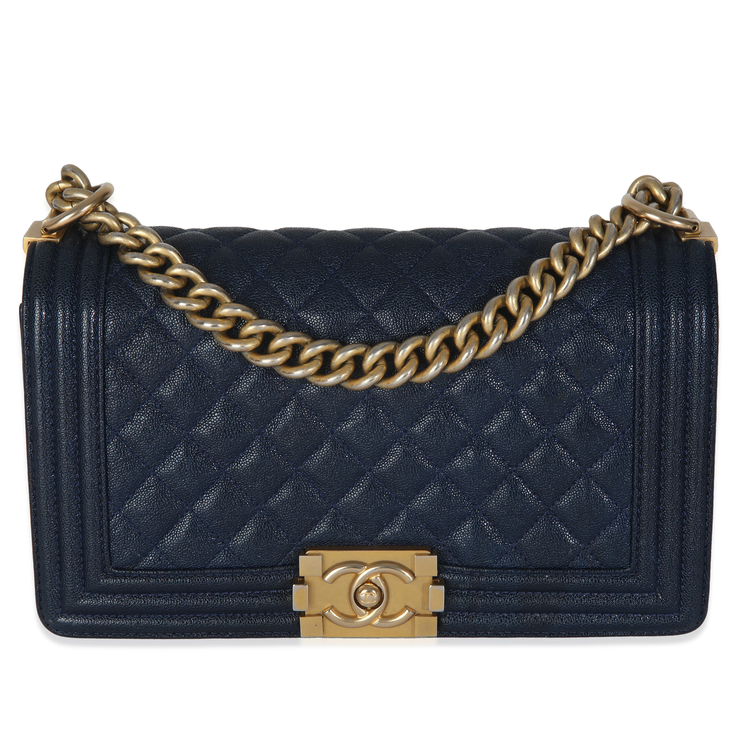 Navy Quilted Caviar Medium Boy Handbag