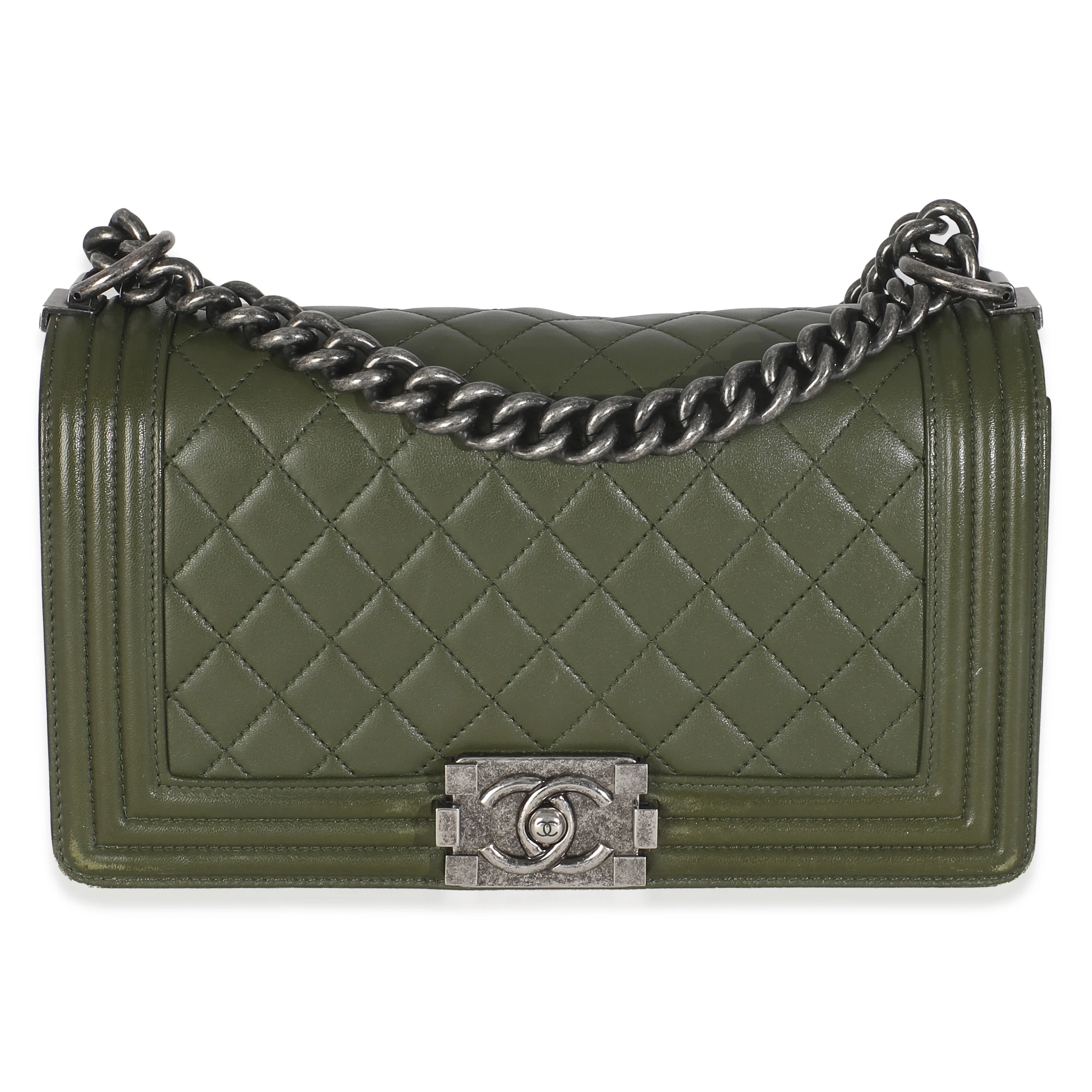 Green Quilted Lambskin Old Medium Boy Bag