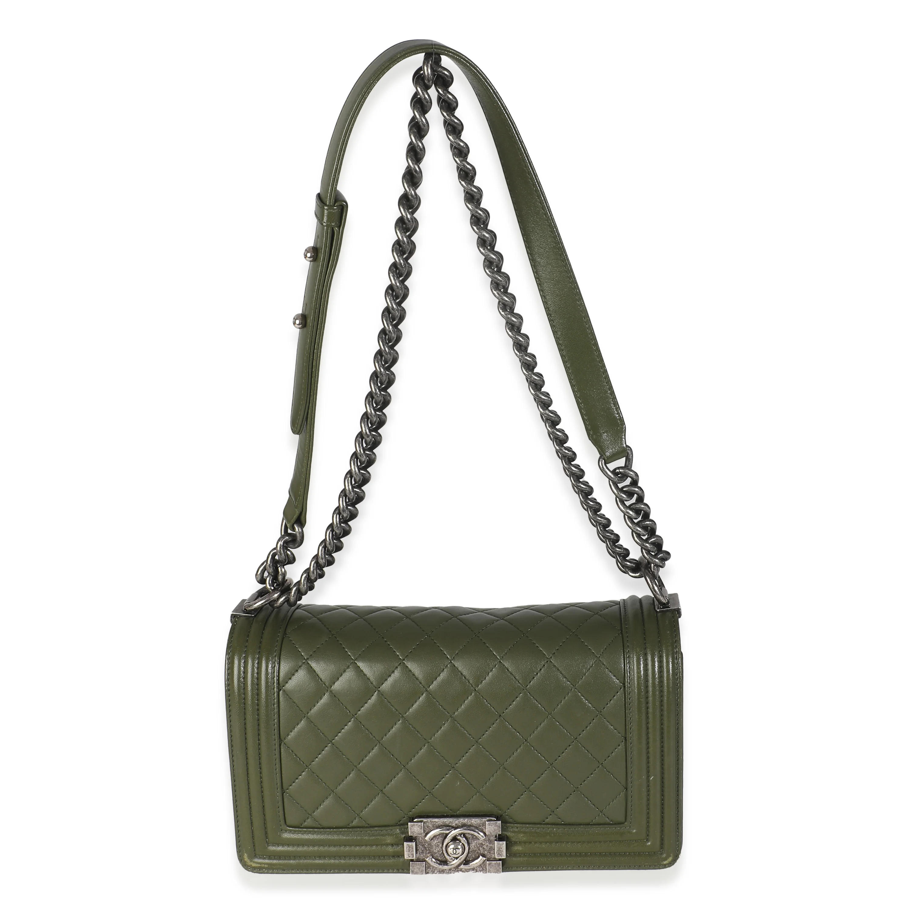 Green Quilted Lambskin Old Medium Boy Bag - Image 8