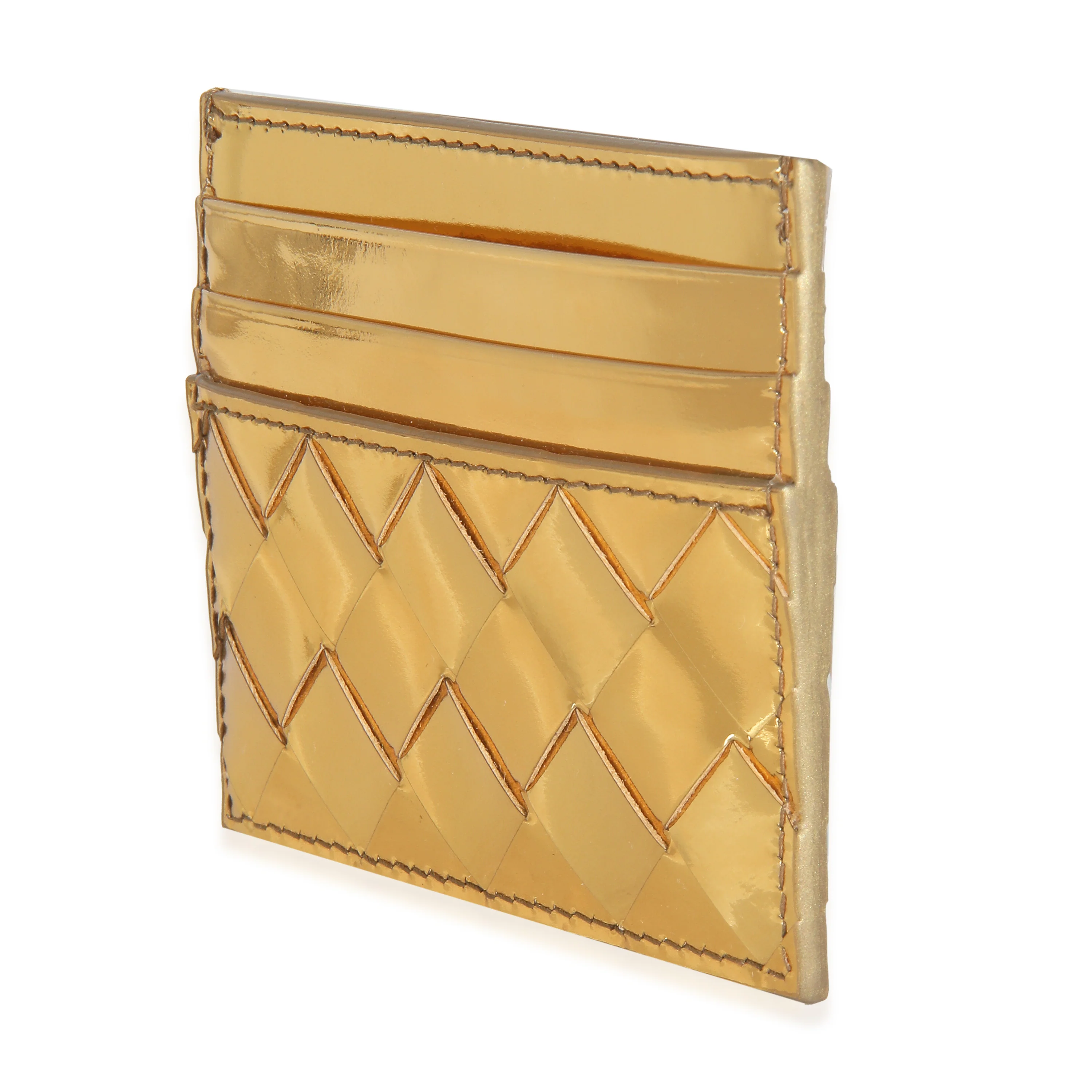 Gold Metallic Intrecciato Leather Credit Card Case - Image 2