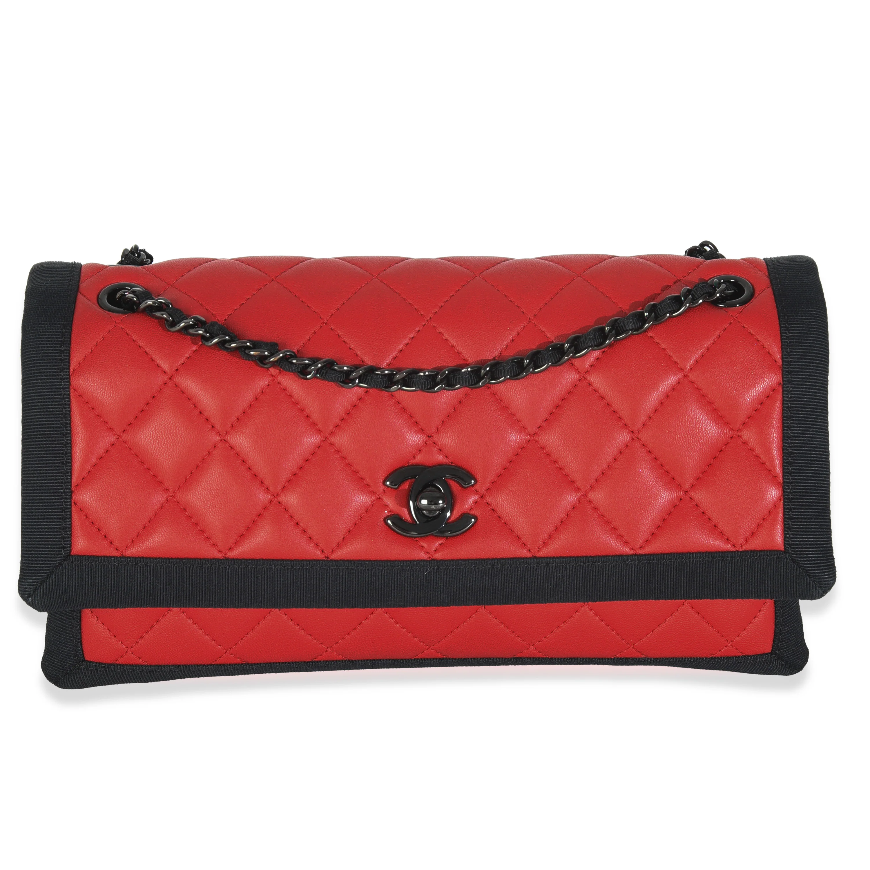 Vintage Black Red Quilted Lambskin Two Tone Flap Bag