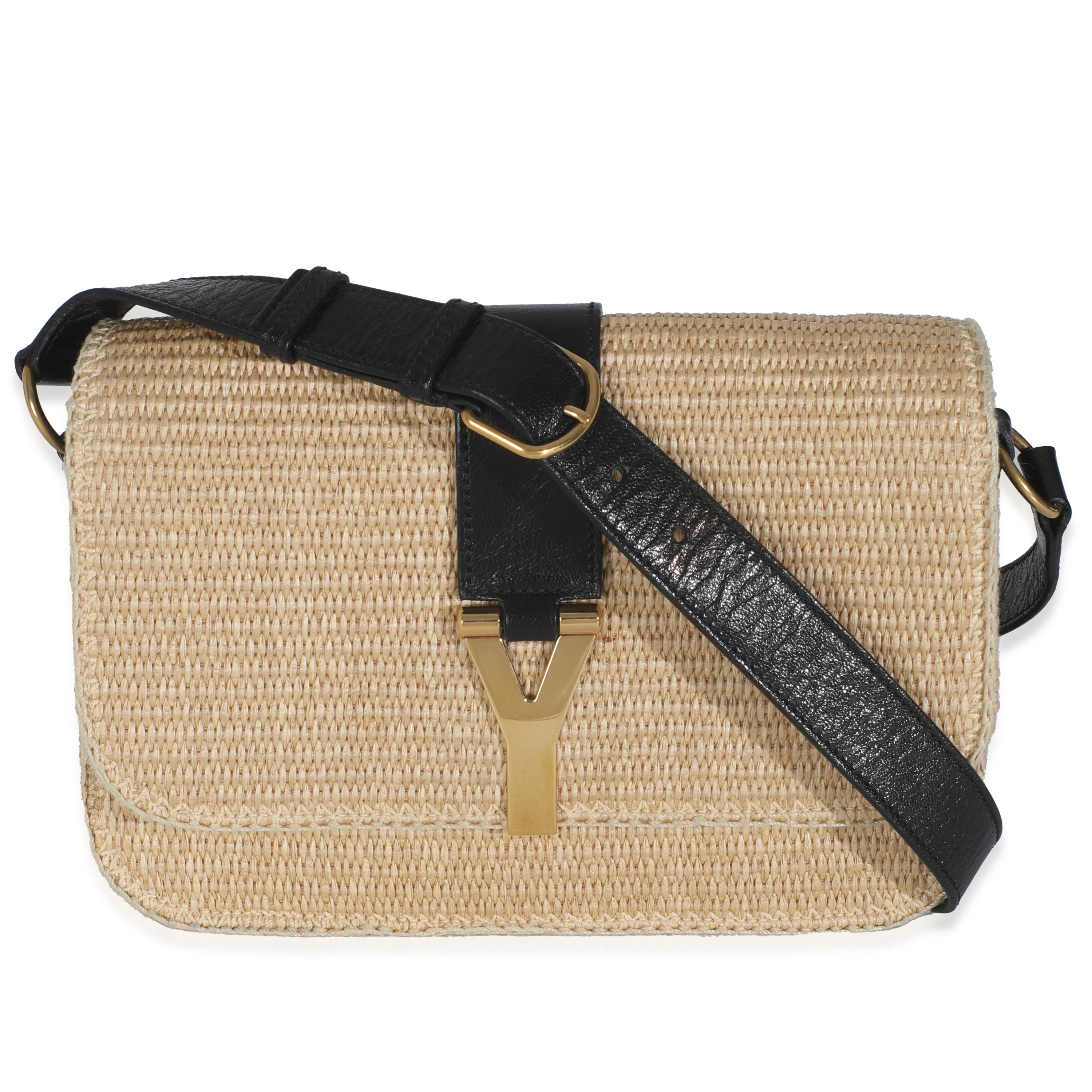 Beige Wicker Y Logo Shoulder Bag
