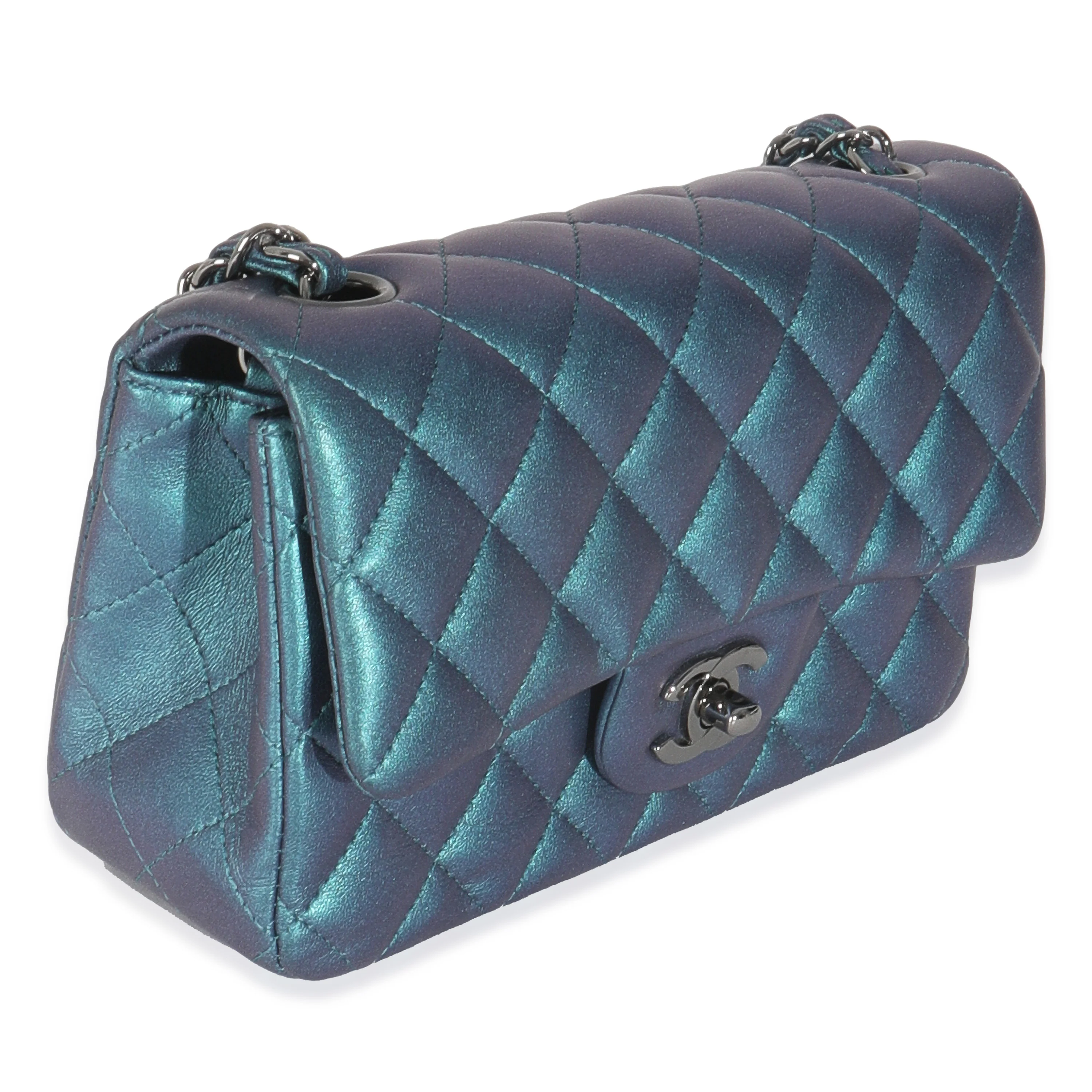 Blue Iridescent Quilted Calfskin Mini Rectangular Flap Bag - Image 3