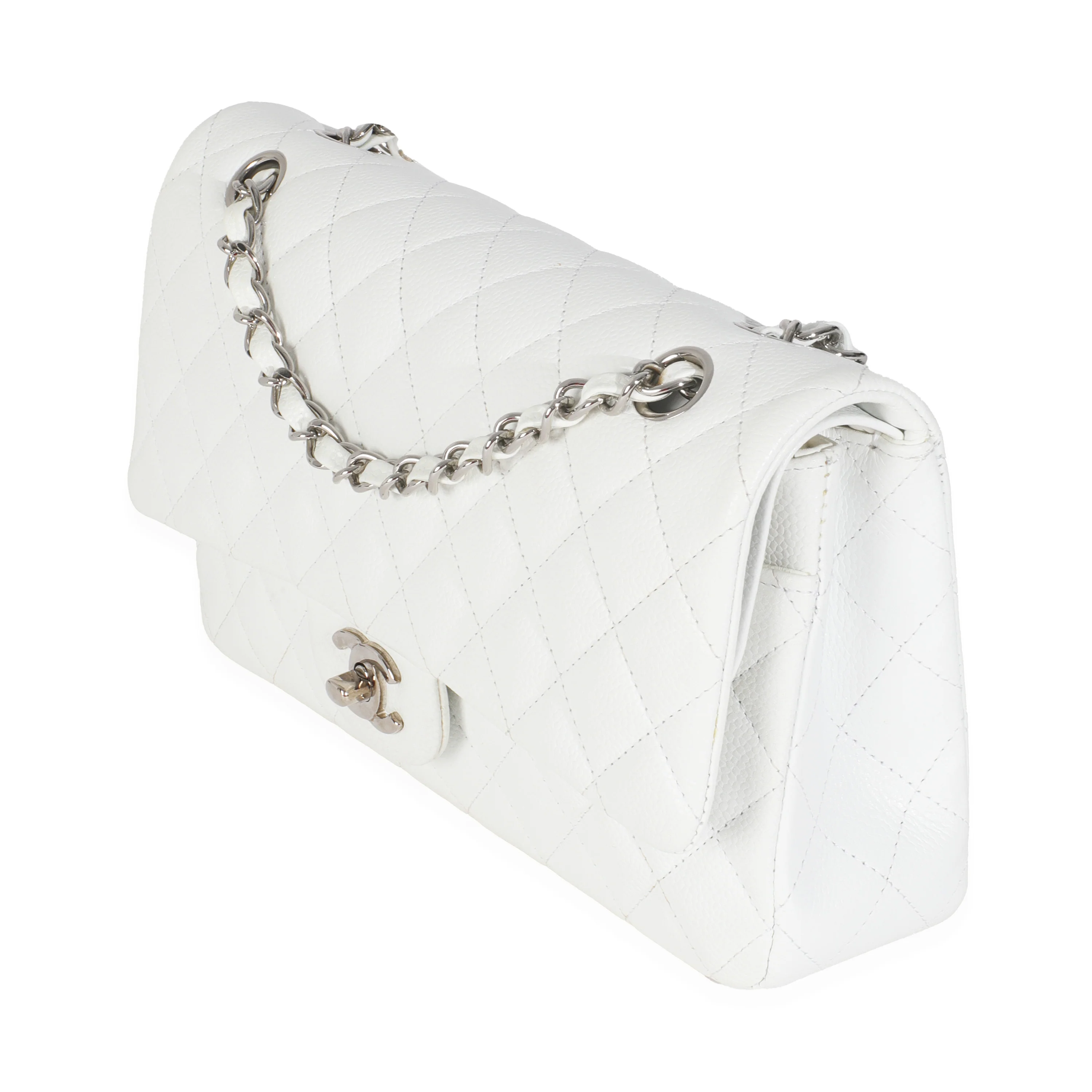 White Quilted Caviar Medium Classic Double Flap Bag - Image 2