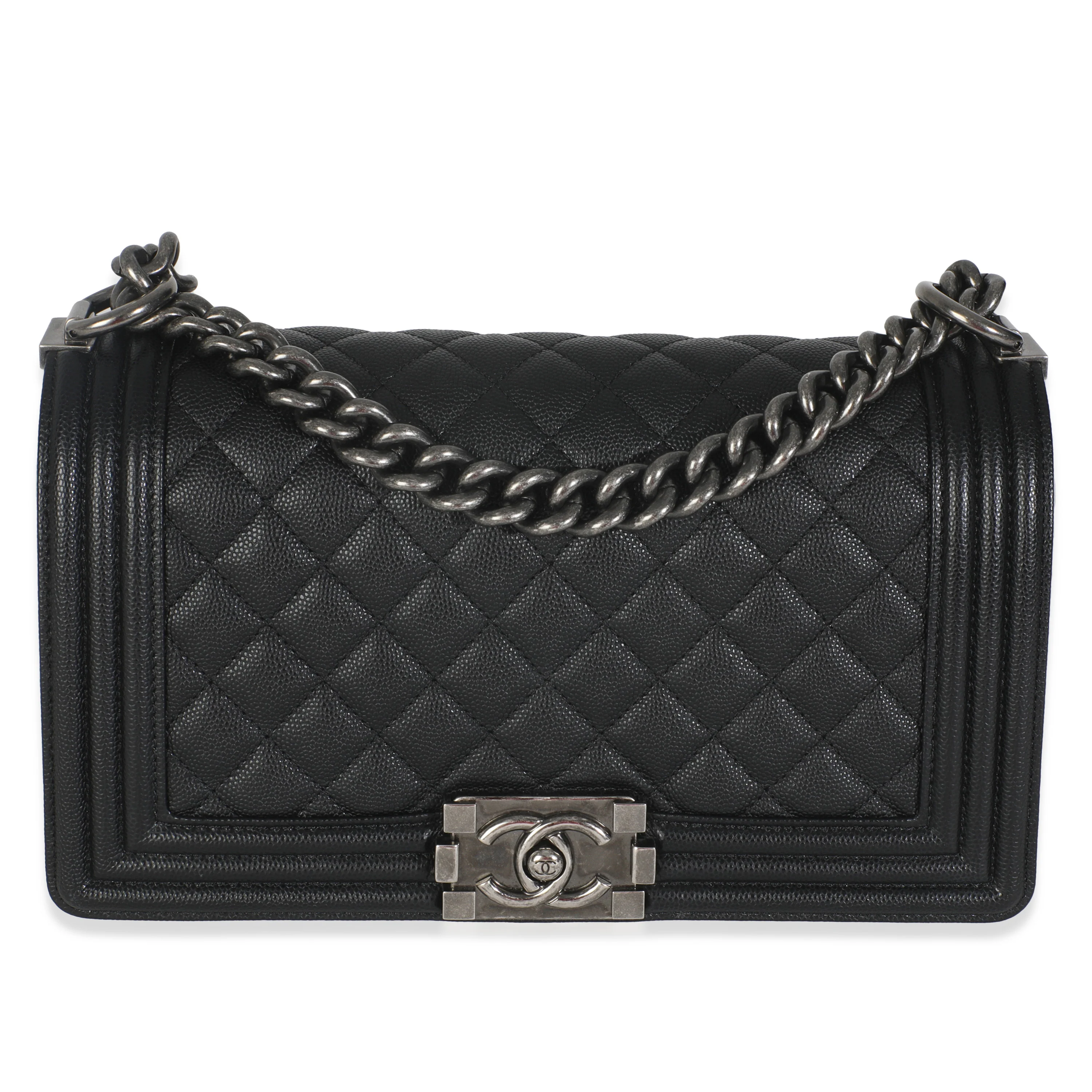 Black Quilted Caviar Medium Boy Handbag