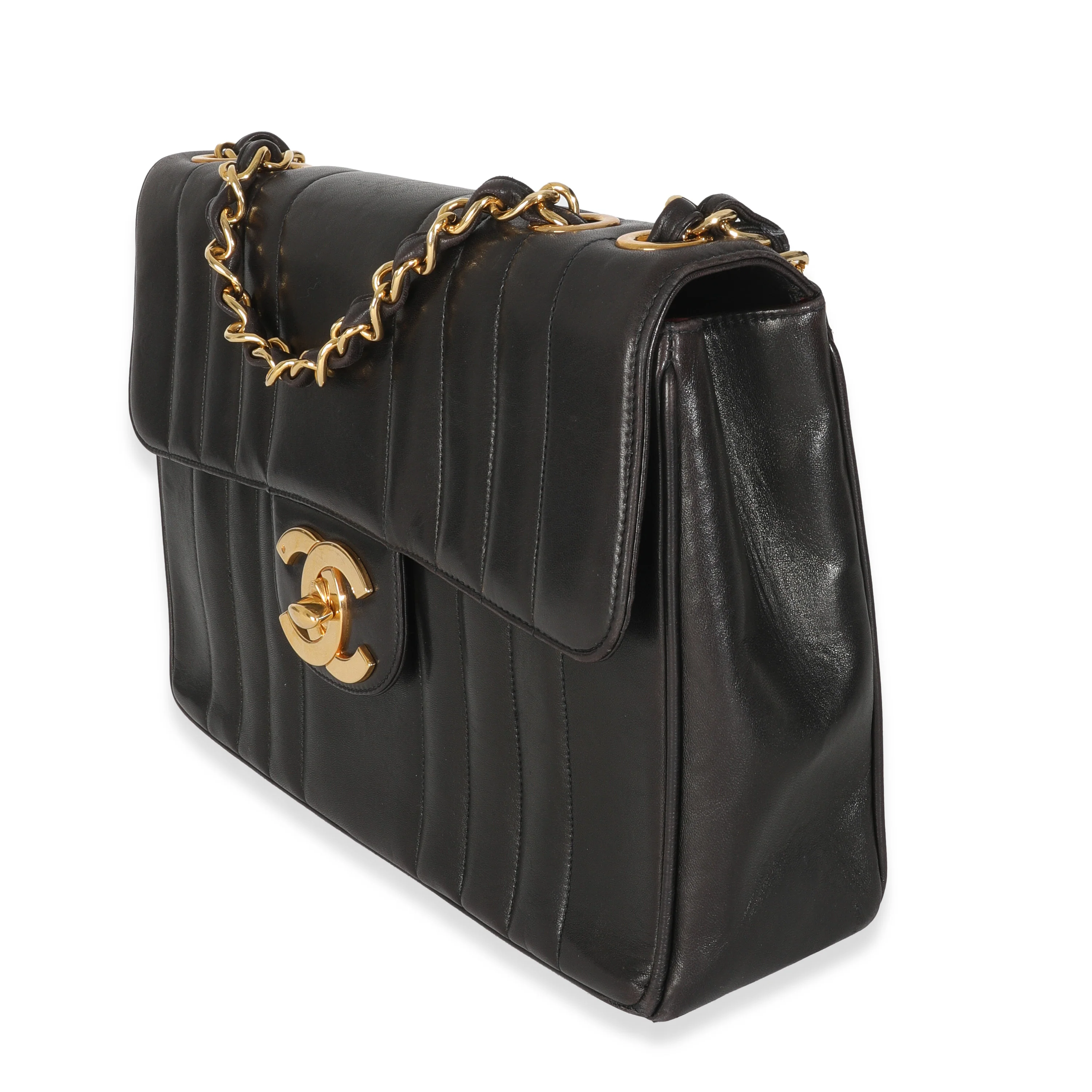Vintage Black Lambskin Vertical Stitch Jumbo XL Flap Bag - Image 2