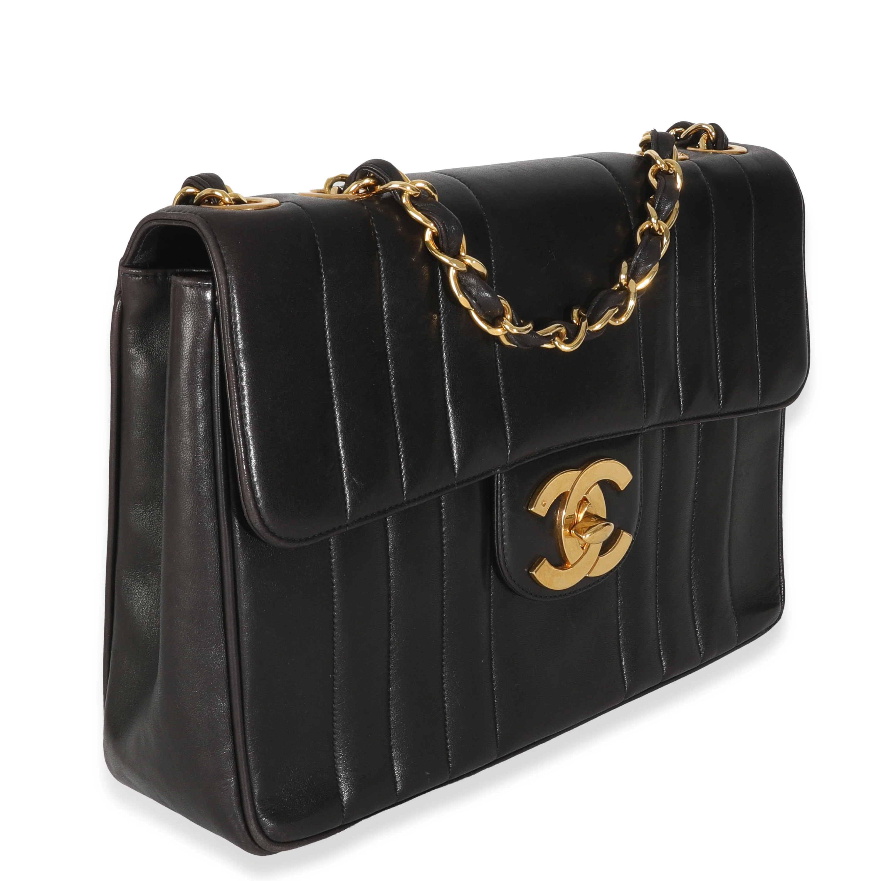 Vintage Black Lambskin Vertical Stitch Jumbo XL Flap Bag - Image 3