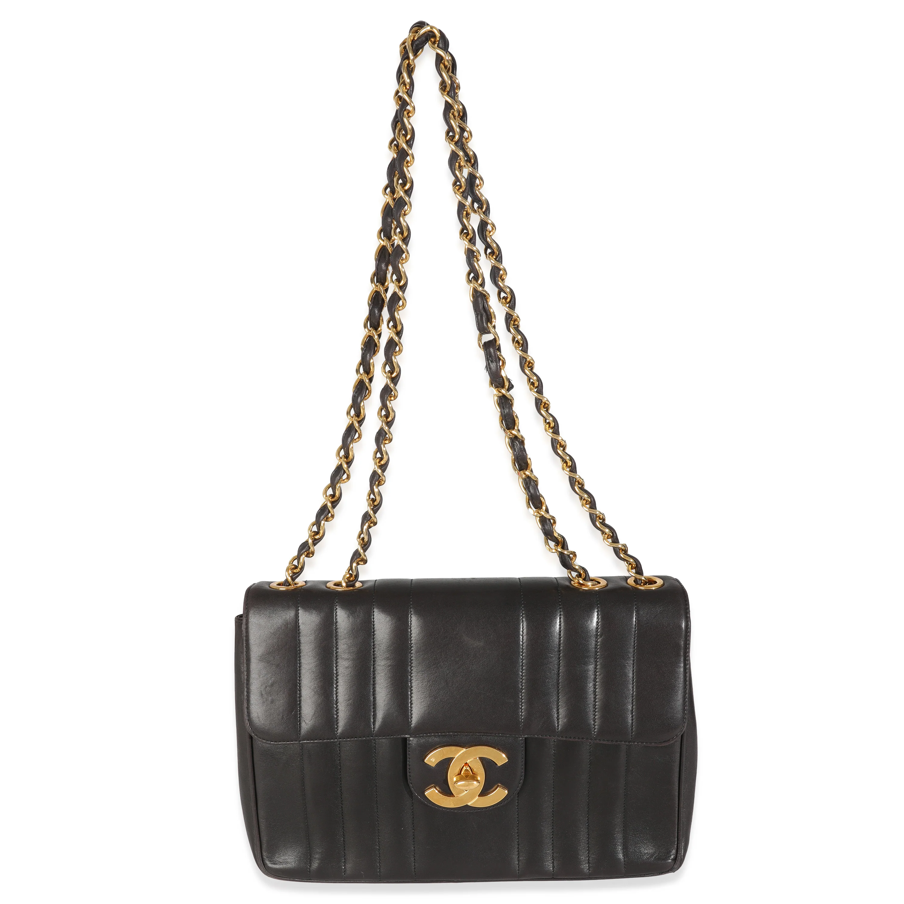 Vintage Black Lambskin Vertical Stitch Jumbo XL Flap Bag - Image 5