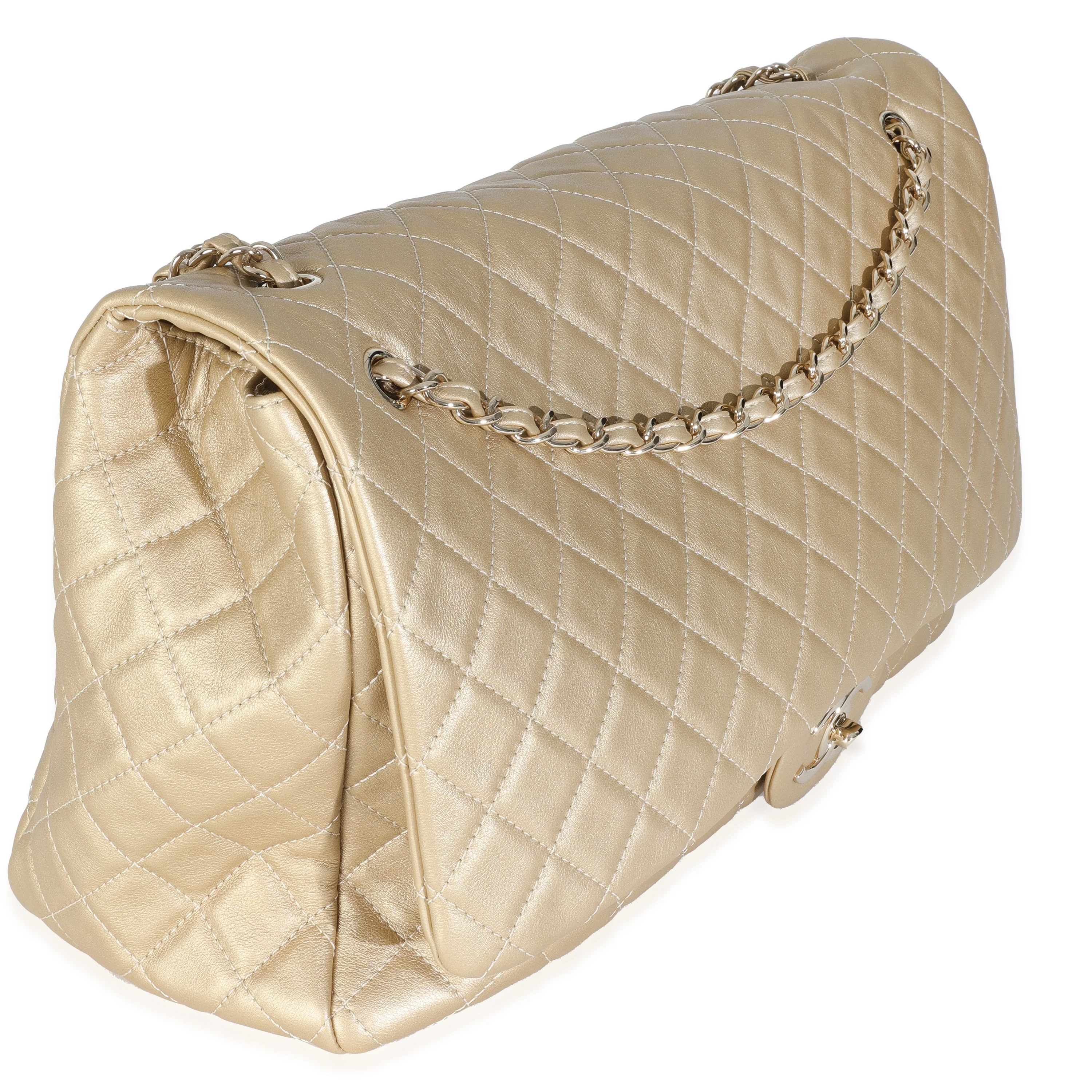 Gold Metallic Quilted Calfskin Airlines XXL Travel Flap Bag - Image 3