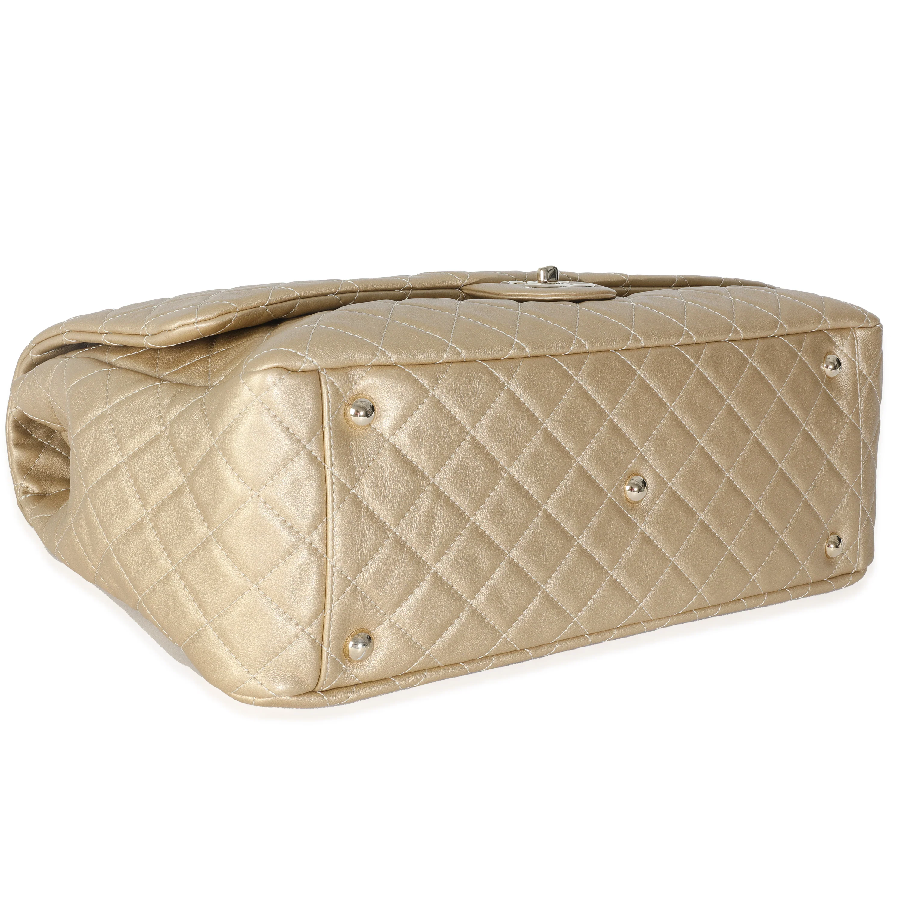 Gold Metallic Quilted Calfskin Airlines XXL Travel Flap Bag - Image 6