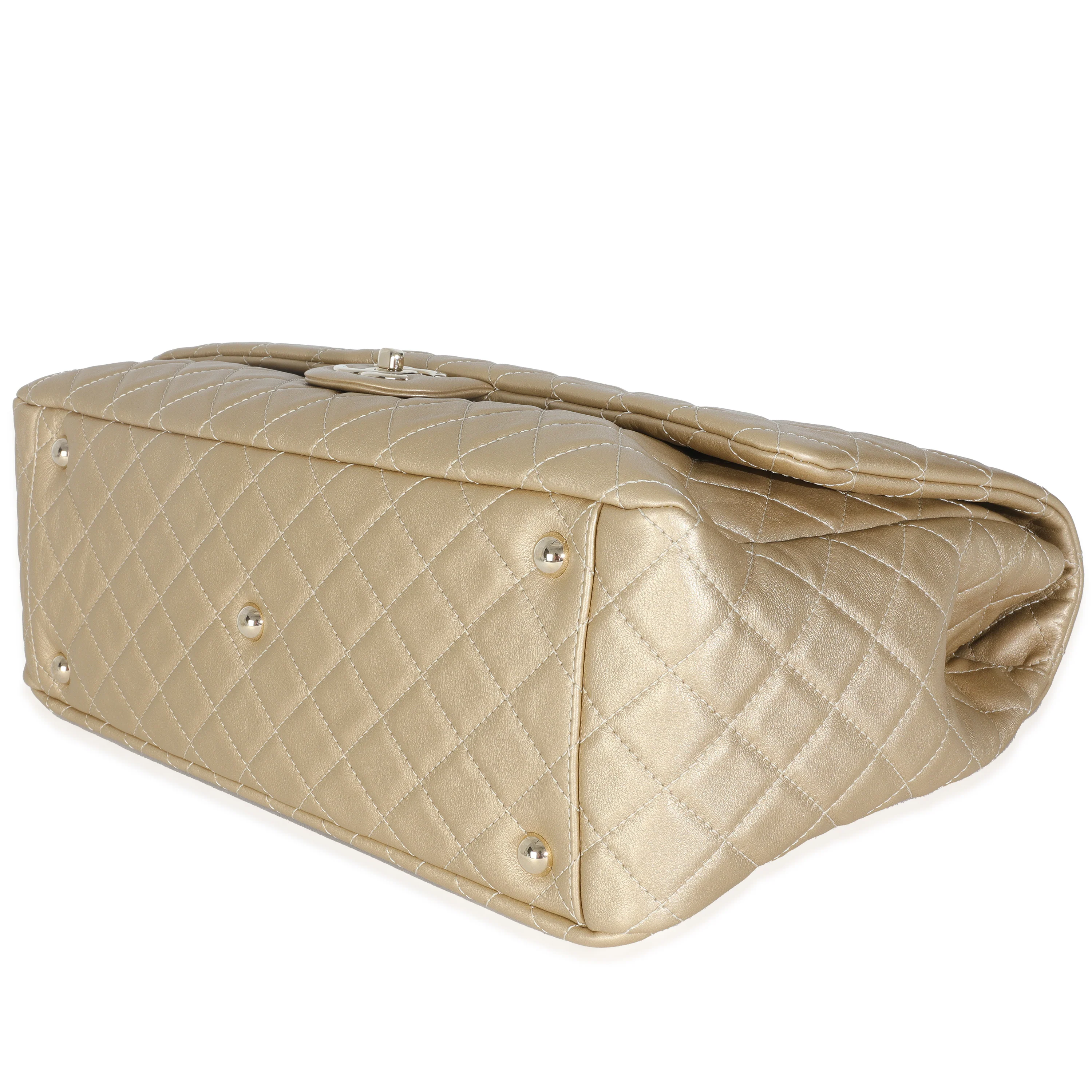 Gold Metallic Quilted Calfskin Airlines XXL Travel Flap Bag - Image 7