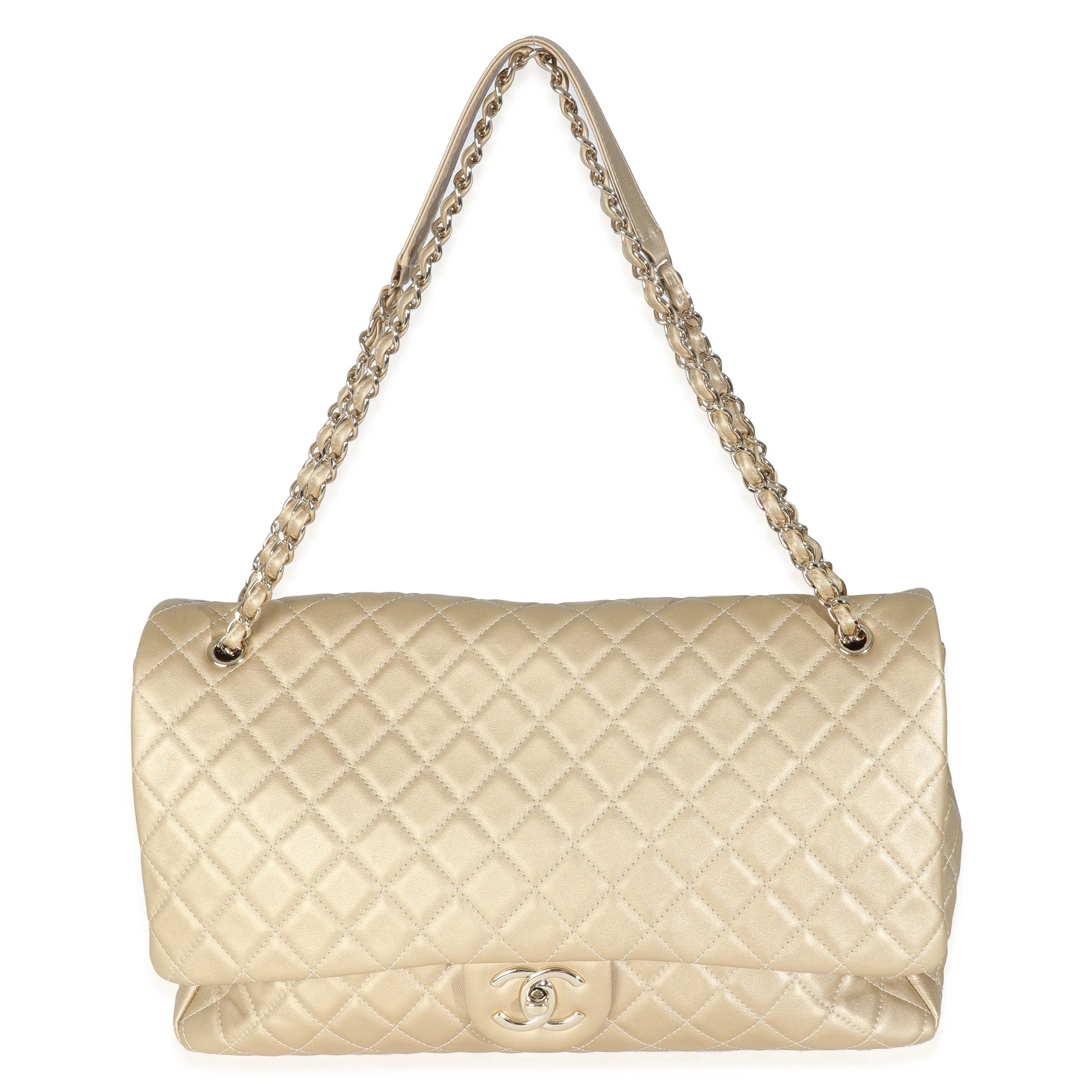 Gold Metallic Quilted Calfskin Airlines XXL Travel Flap Bag - Image 8
