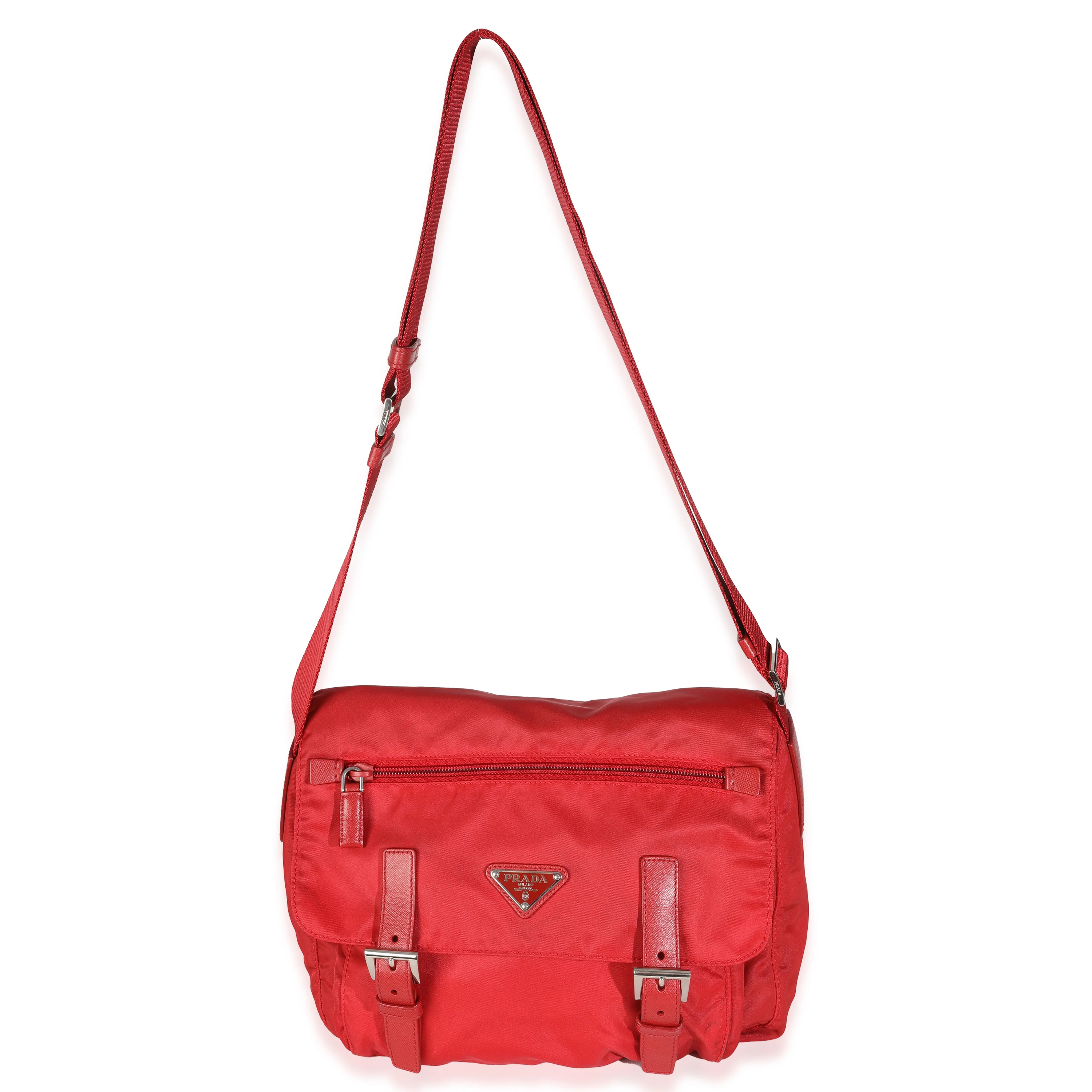Red Tessuto Nylon Saffiano Small Buckle Messenger Bag - Image 8