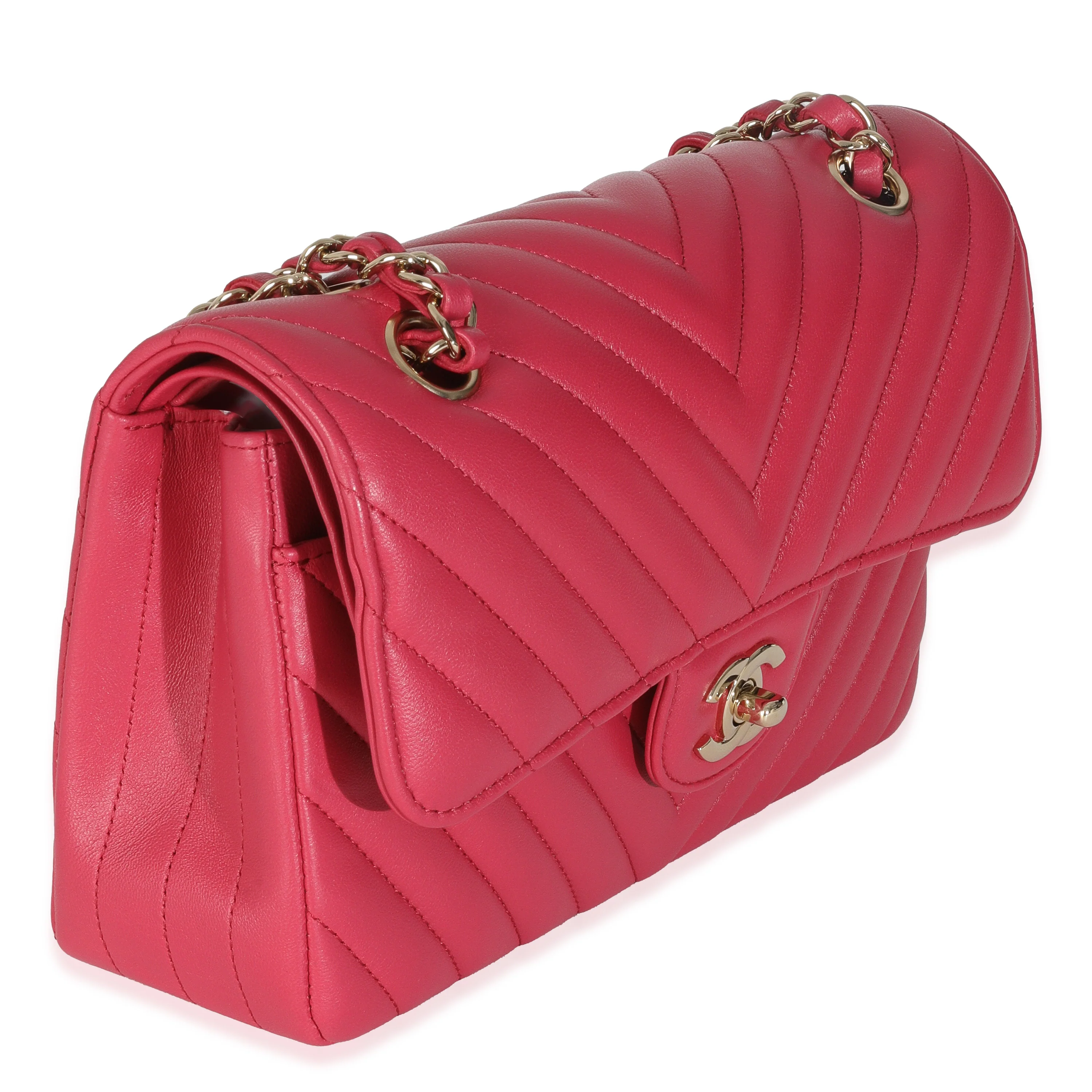 Dark Pink Chevron Lambskin Small Classic Double Flap Bag - Image 3