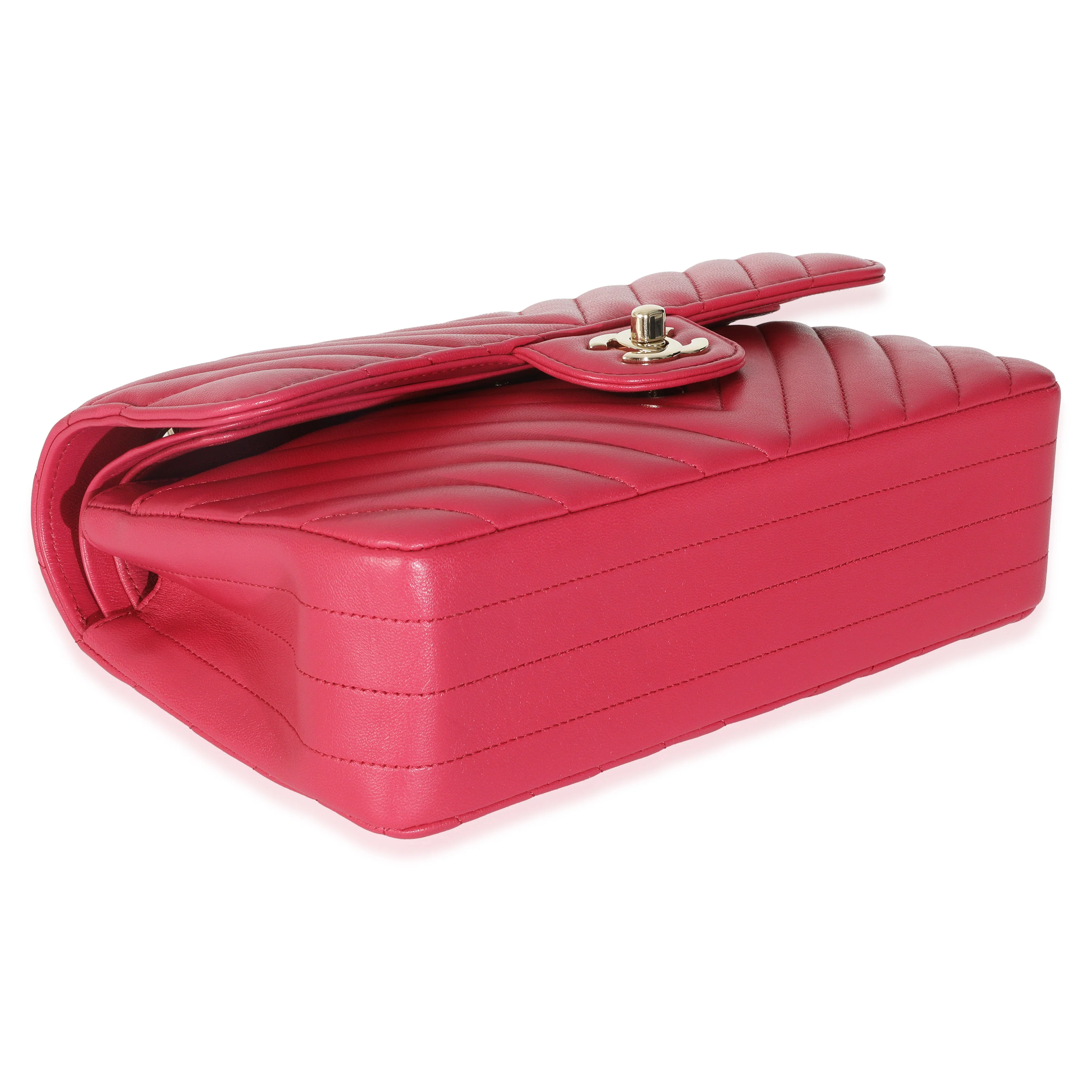 Dark Pink Chevron Lambskin Small Classic Double Flap Bag - Image 6