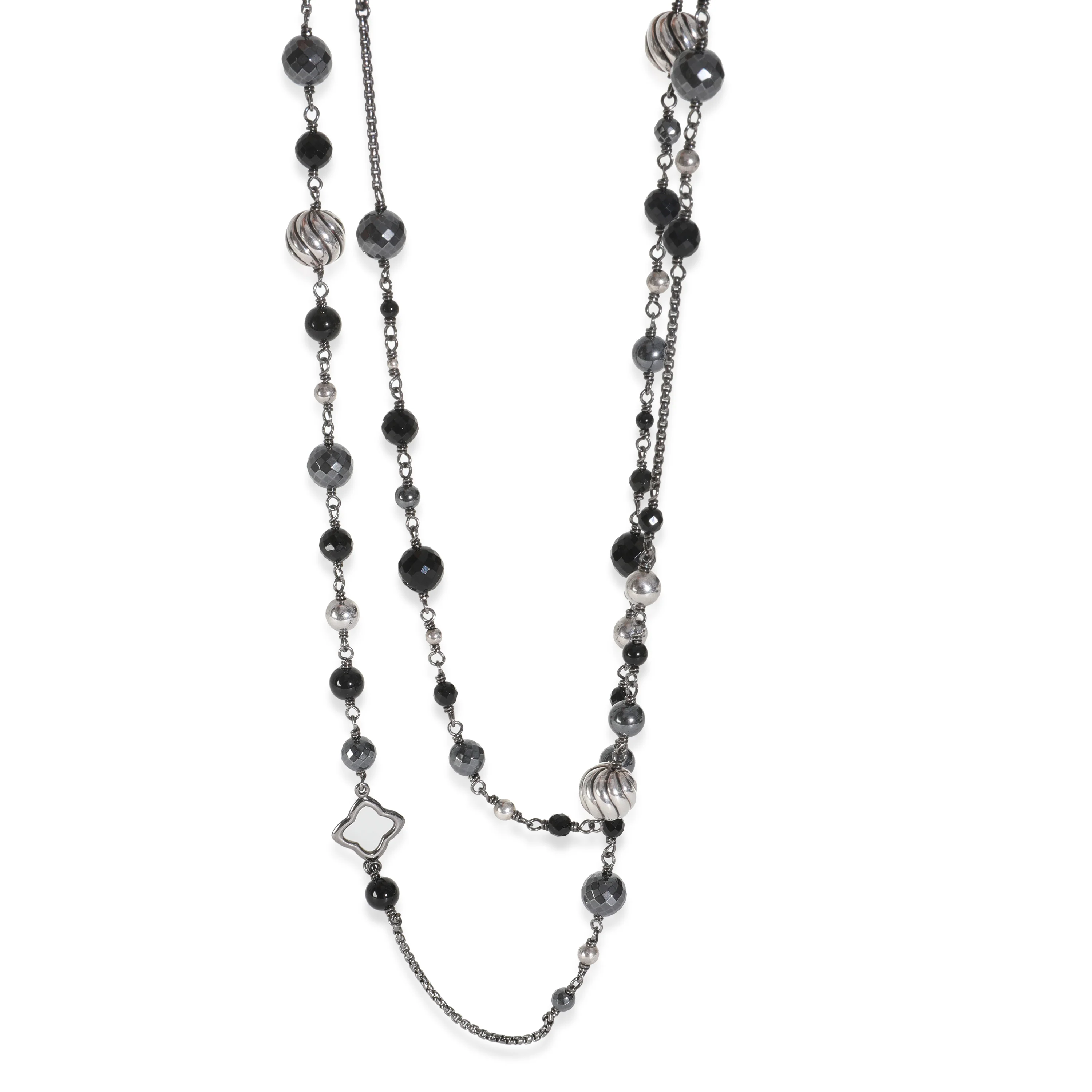 Sterling Silver Onyx and Hematite Quatrefoil Necklace