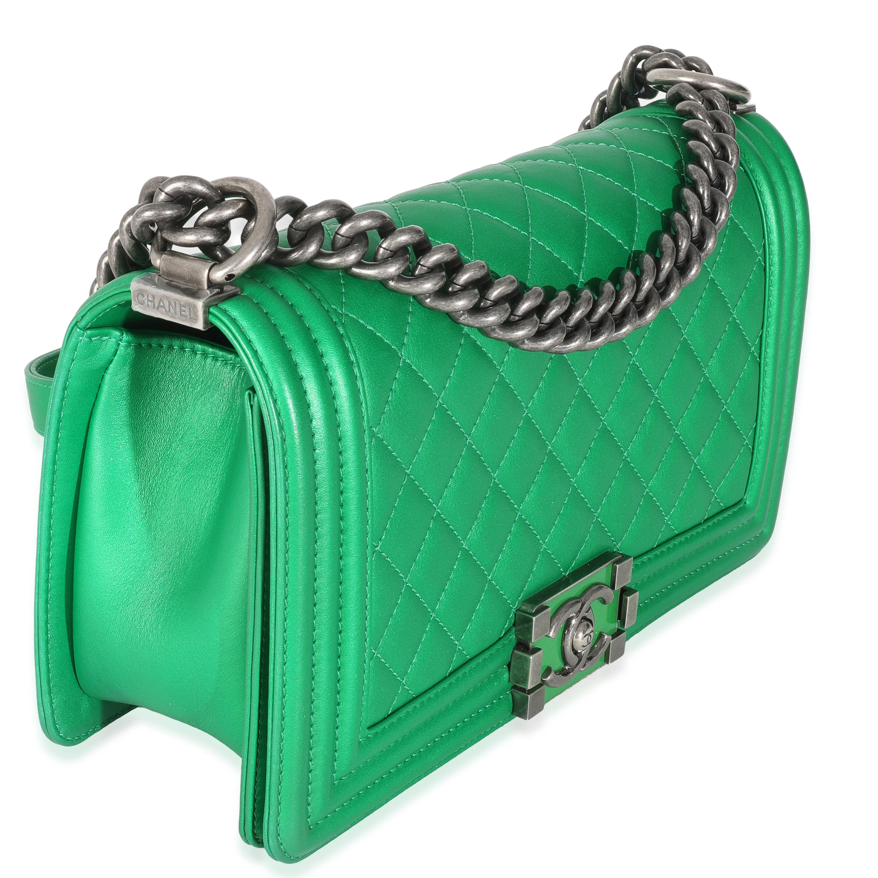 Green Quilted Lambskin Enamel CC Old Medium Boy Bag - Image 3