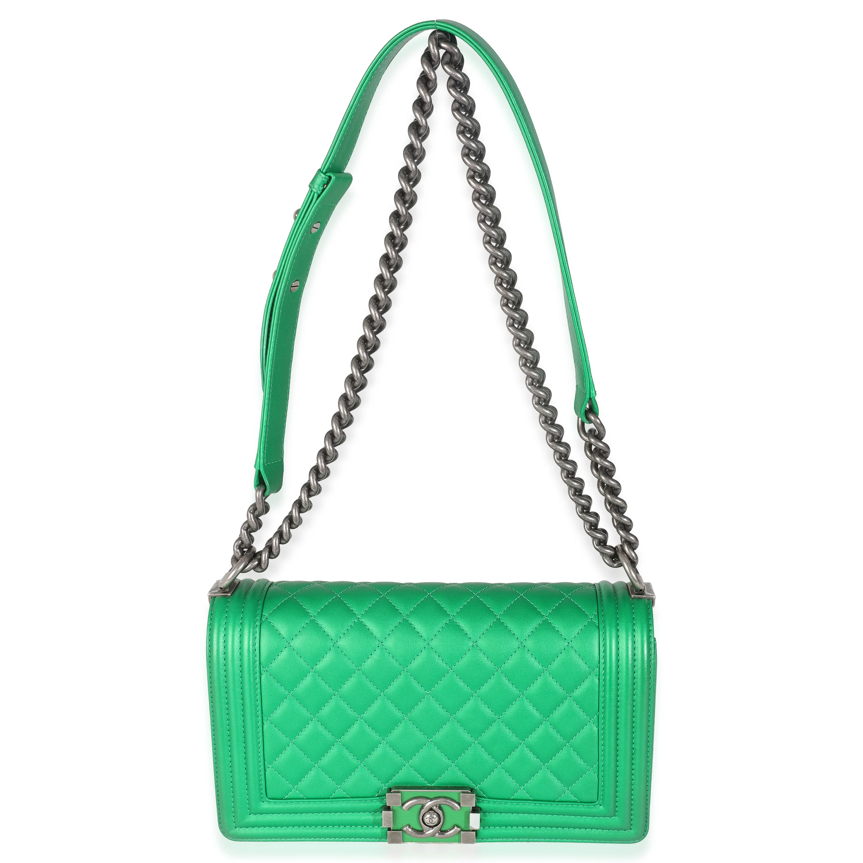 Green Quilted Lambskin Enamel CC Old Medium Boy Bag - Image 8