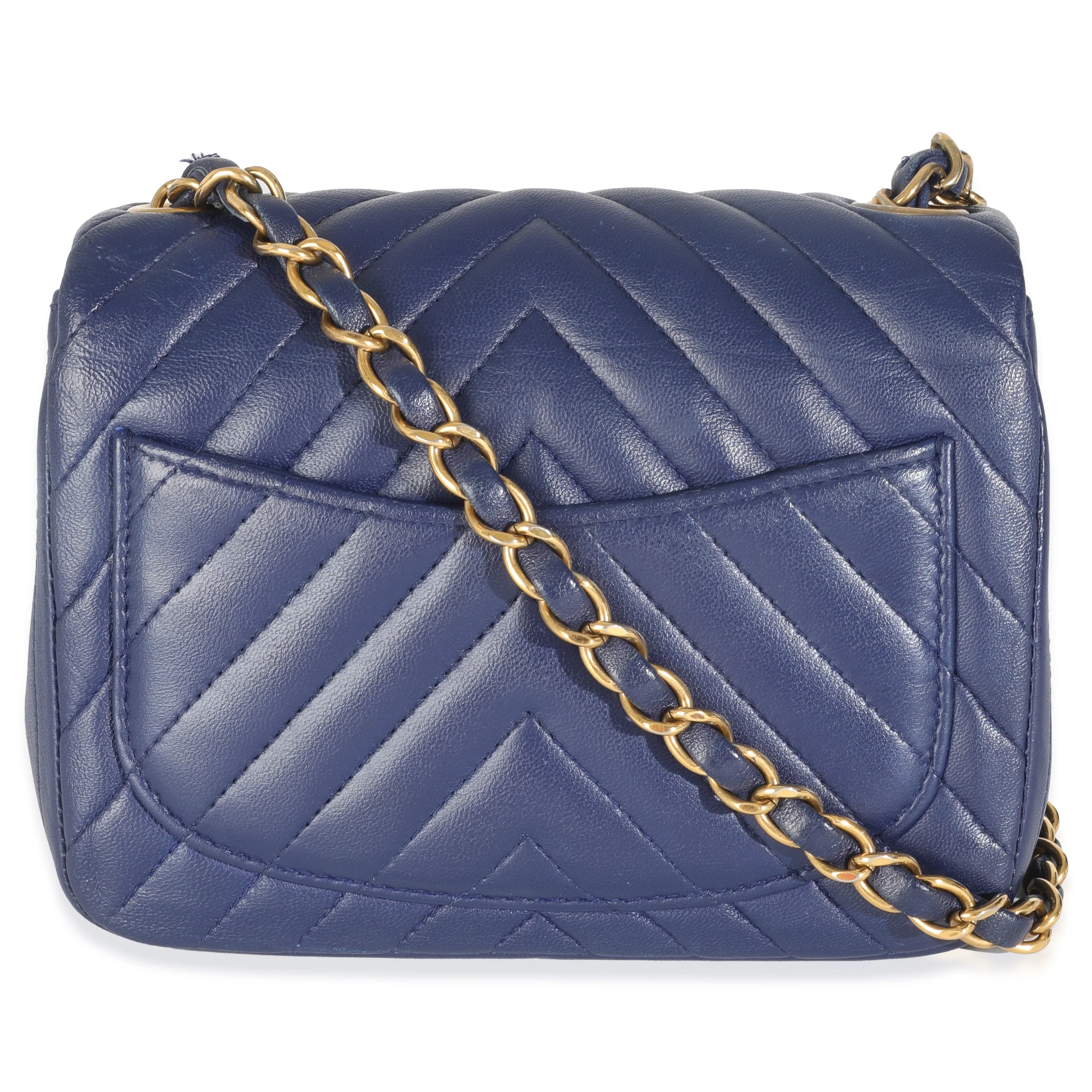 Navy Chevron Lambskin Mini Square Flap Bag - Image 4