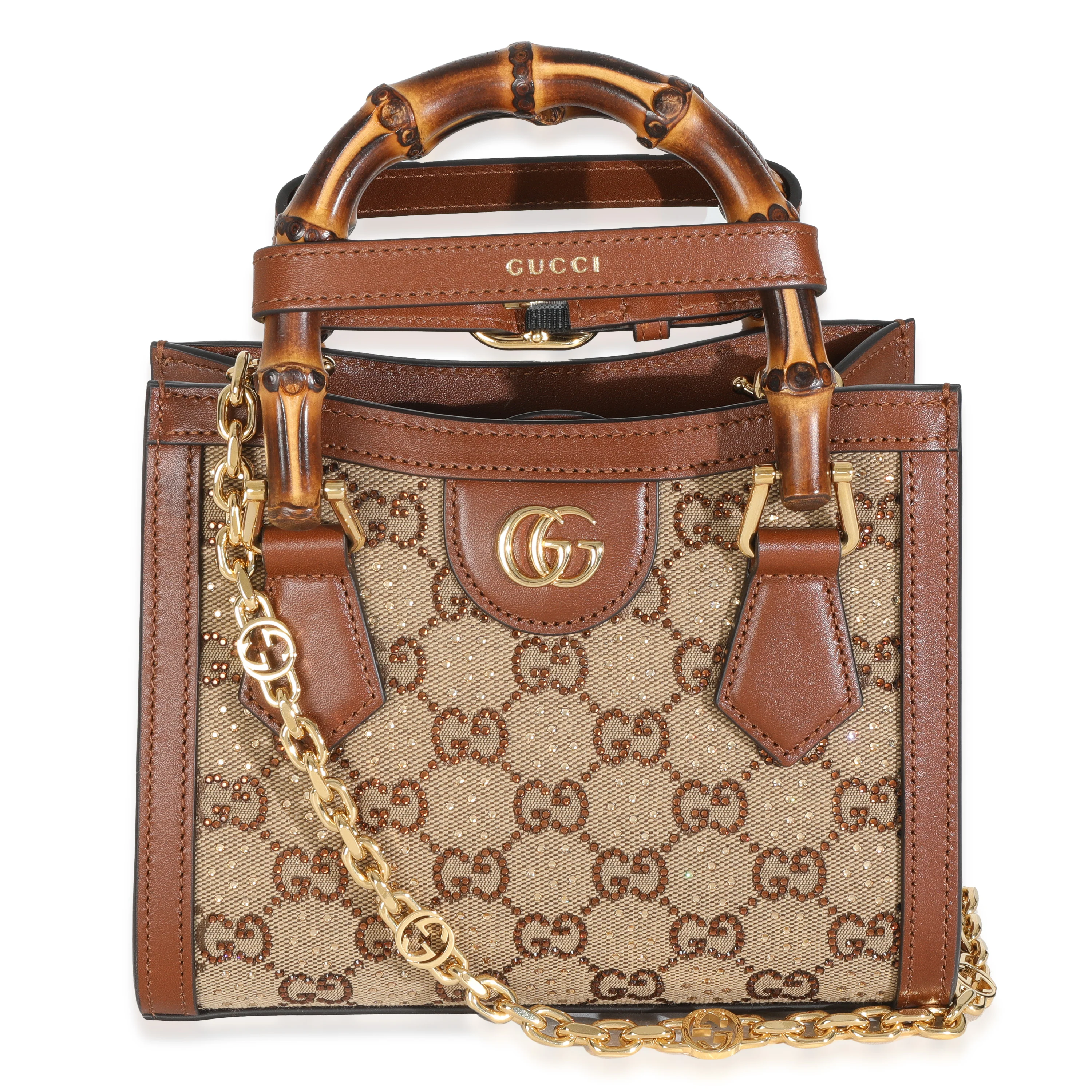Brown New Canvas Charisma Calfskin Crystal GG Monogram Mini Diana Tote