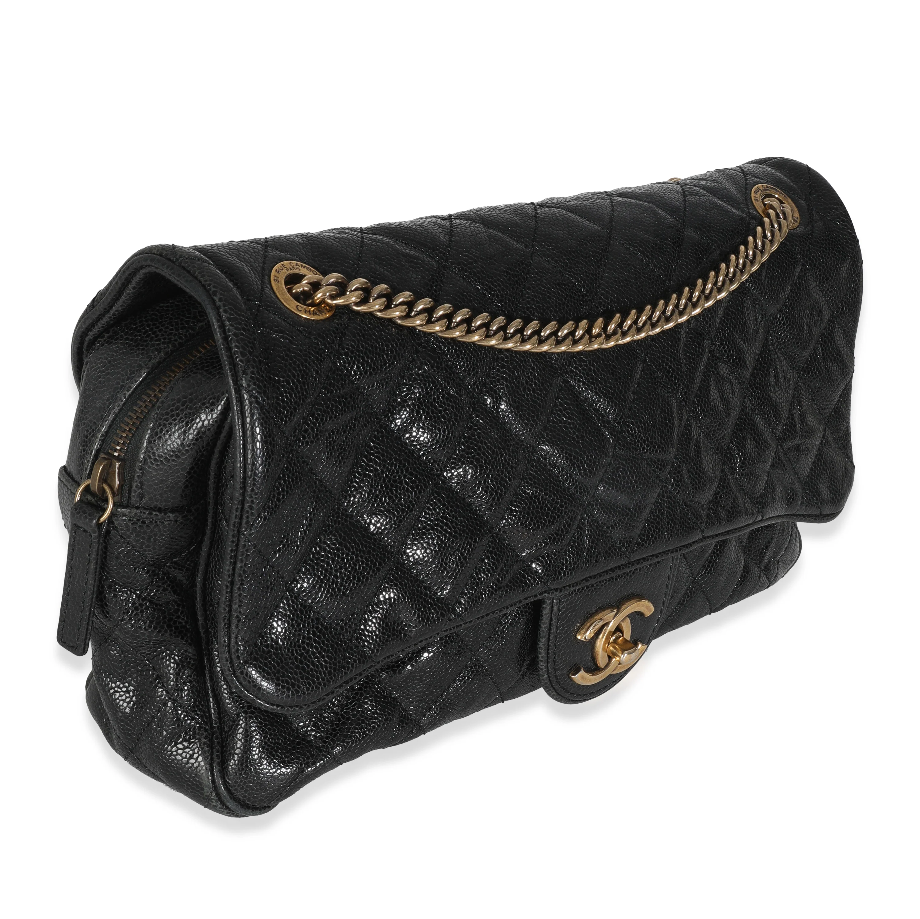 Black Quilted Distressed Caviar Shiva Flap Handbag - Image 2
