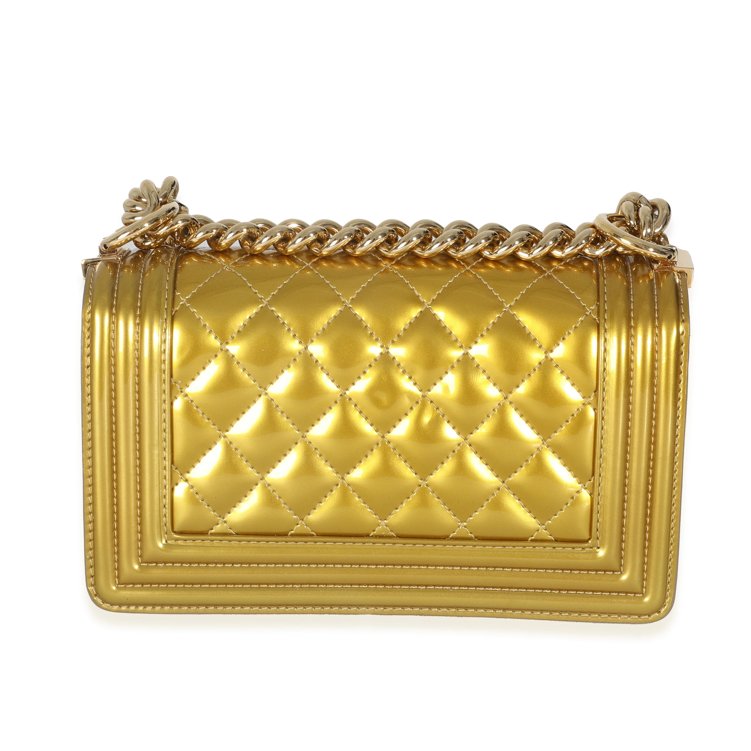 Gold Metallic Patent Calfskin Quilted Small Boy Bag - Image 4