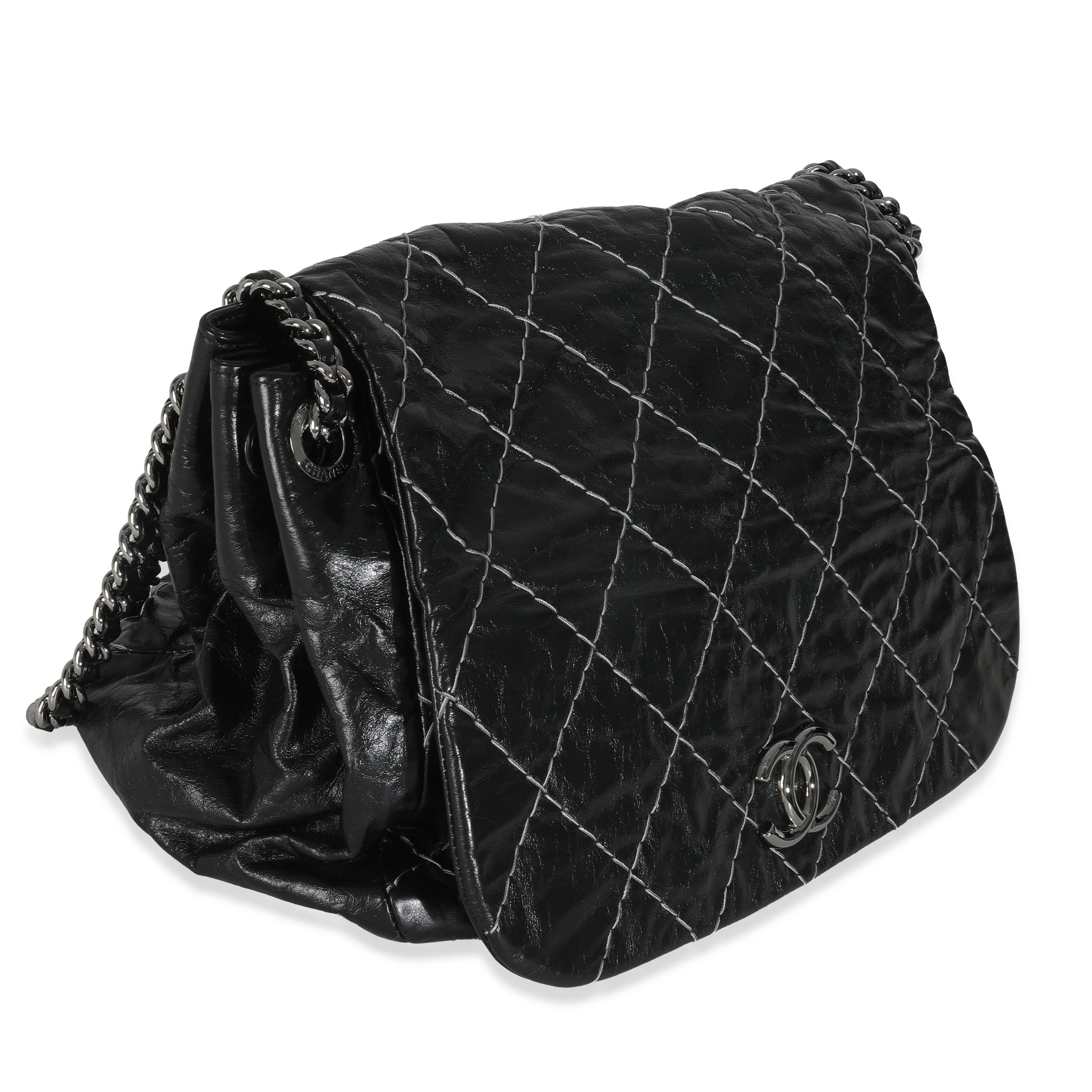 Black Calfskin Double Stitch Accordion Flap Bag - Image 3